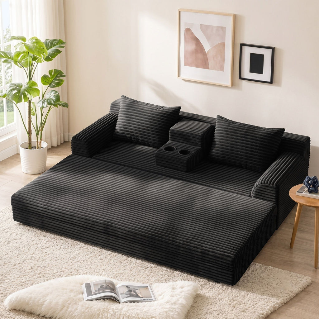 Soft Striped Convertible Sofa Bed, Dual Use Lounge Couch With Cup Holders And Pillows