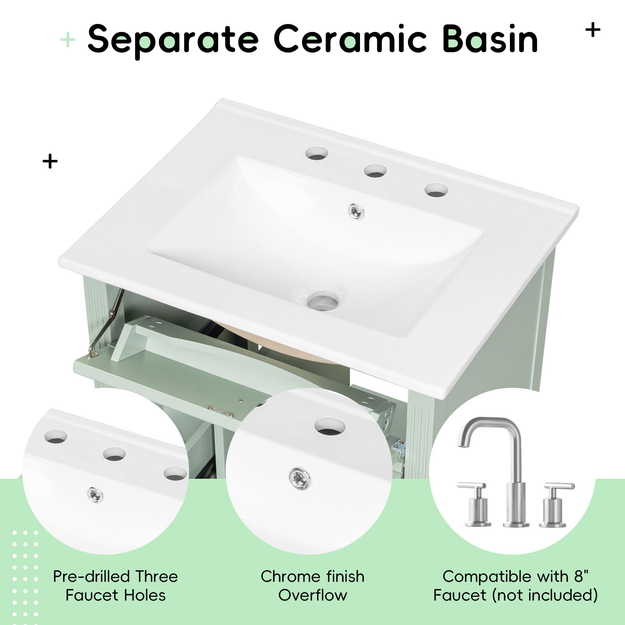Modern Bathroom Vanity With Sink, Flip Drawer, 2 Drawers, Adjustable Shelf