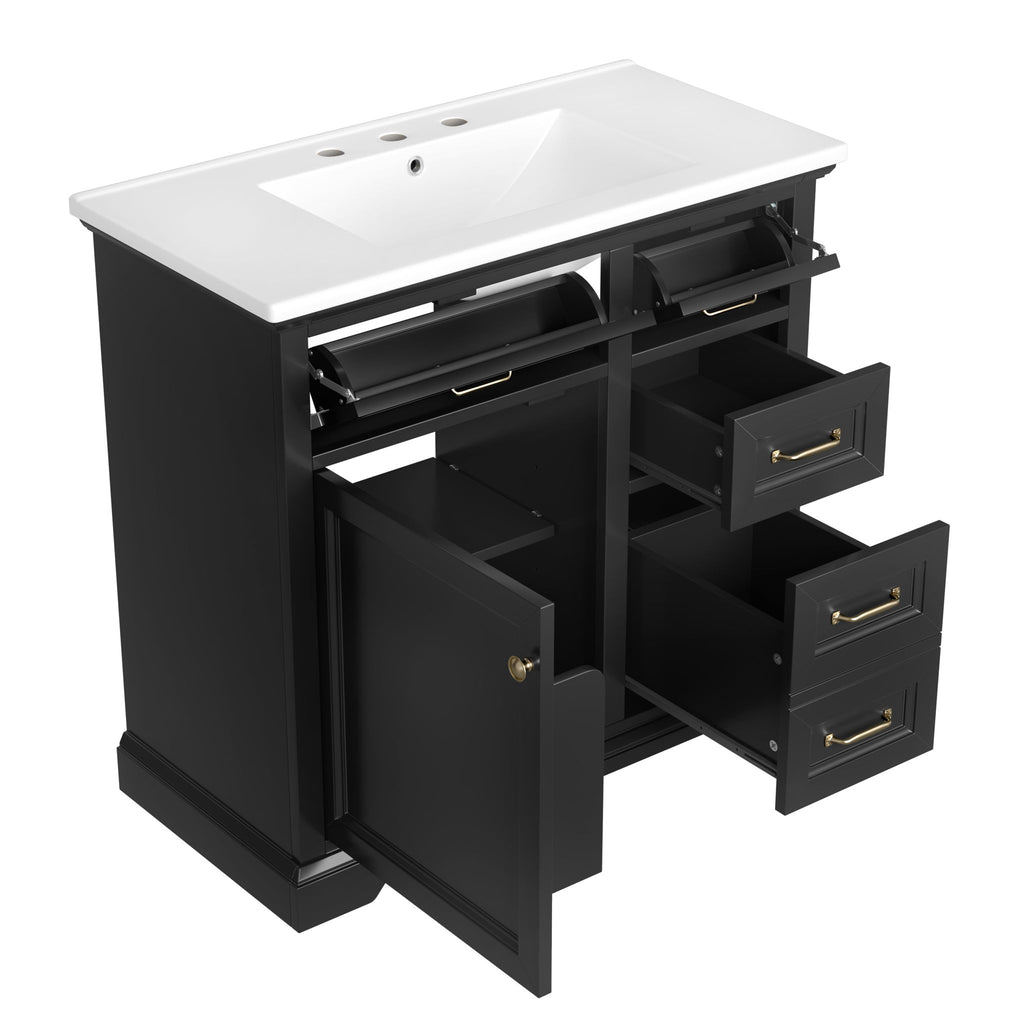 36" Bathroom Vanity With Sink, 2 Tip Out Drawers, Soft Close Hinges