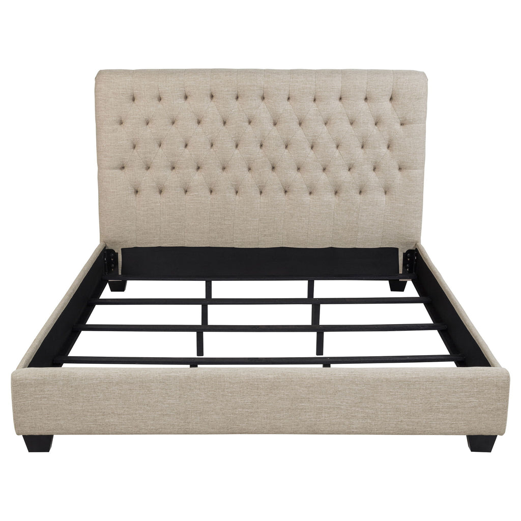 Upholstered California King Bed With Tufted Headboard And Birch Legs - Oatmeal