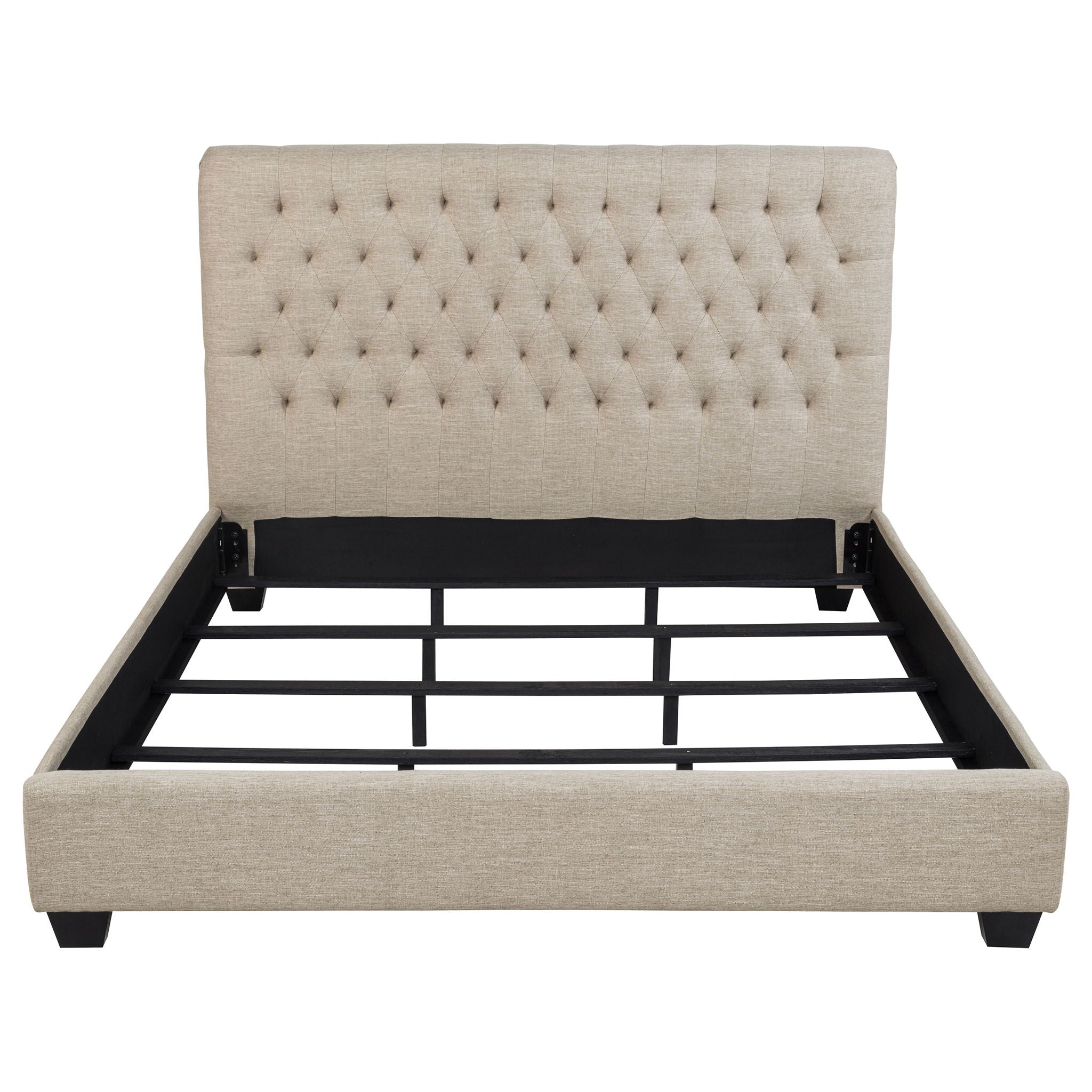 Upholstered California King Bed With Tufted Headboard And Birch Legs - Oatmeal