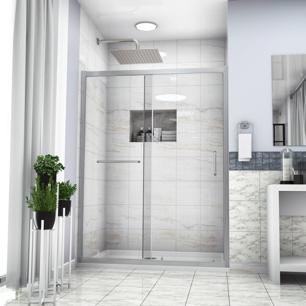 Elegant Single Sliding Bypass Shower Enclosure, Tempered Glass - Brushed Silver