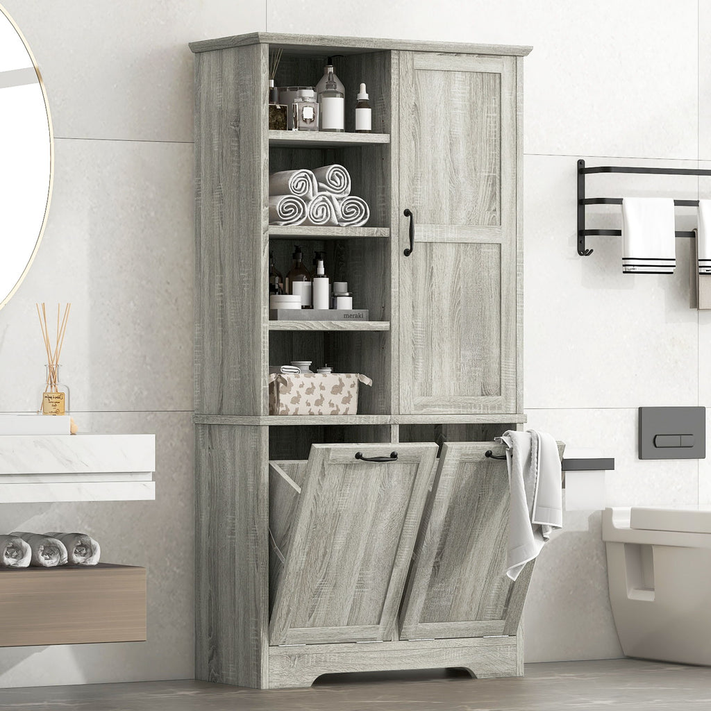 Freestanding Bathroom Storage Cabinet With Doors And Drawers, Adjustable Shelves, Tilt-Out Laundry Hamper