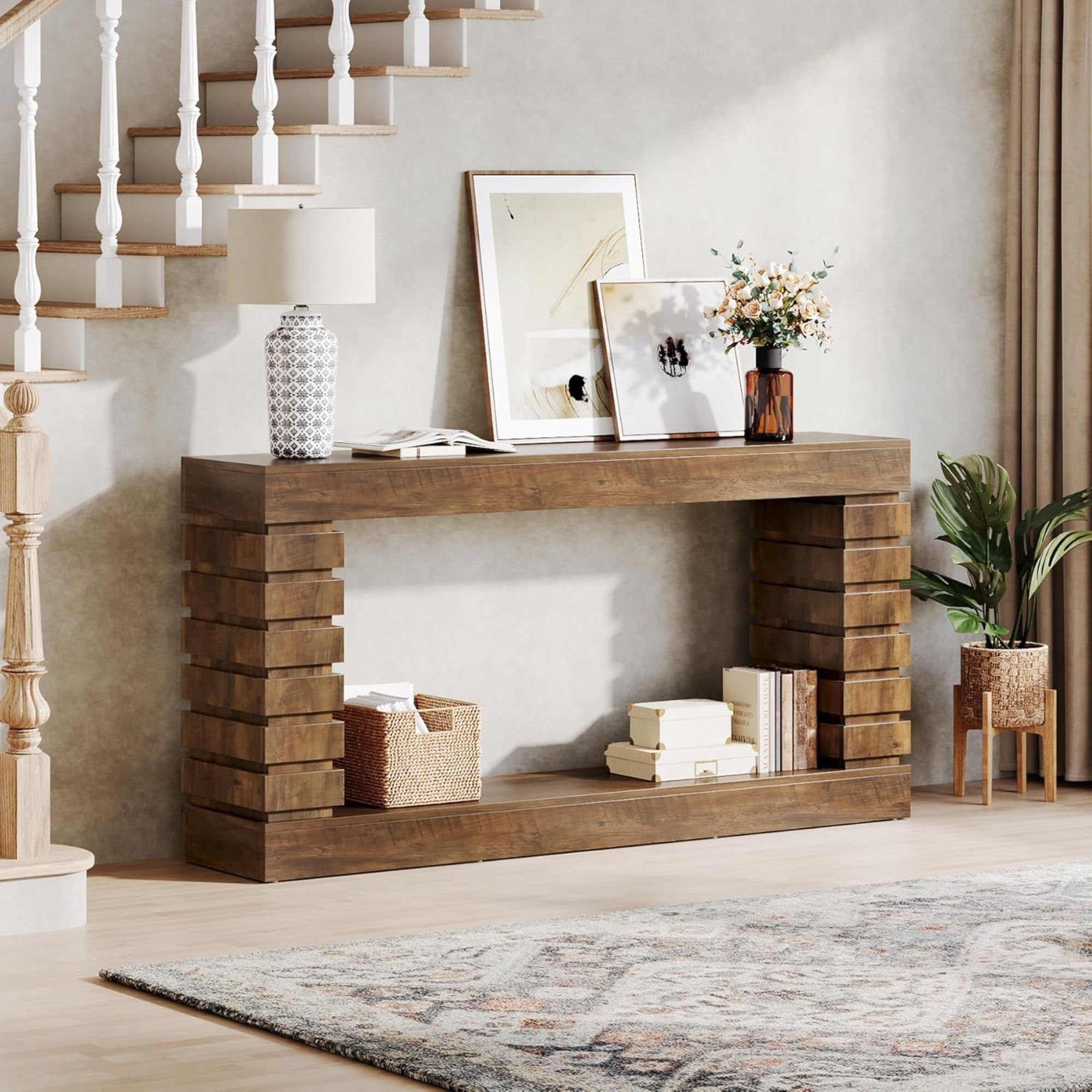 Narrow Console Table With Storage For Entryway - Brown