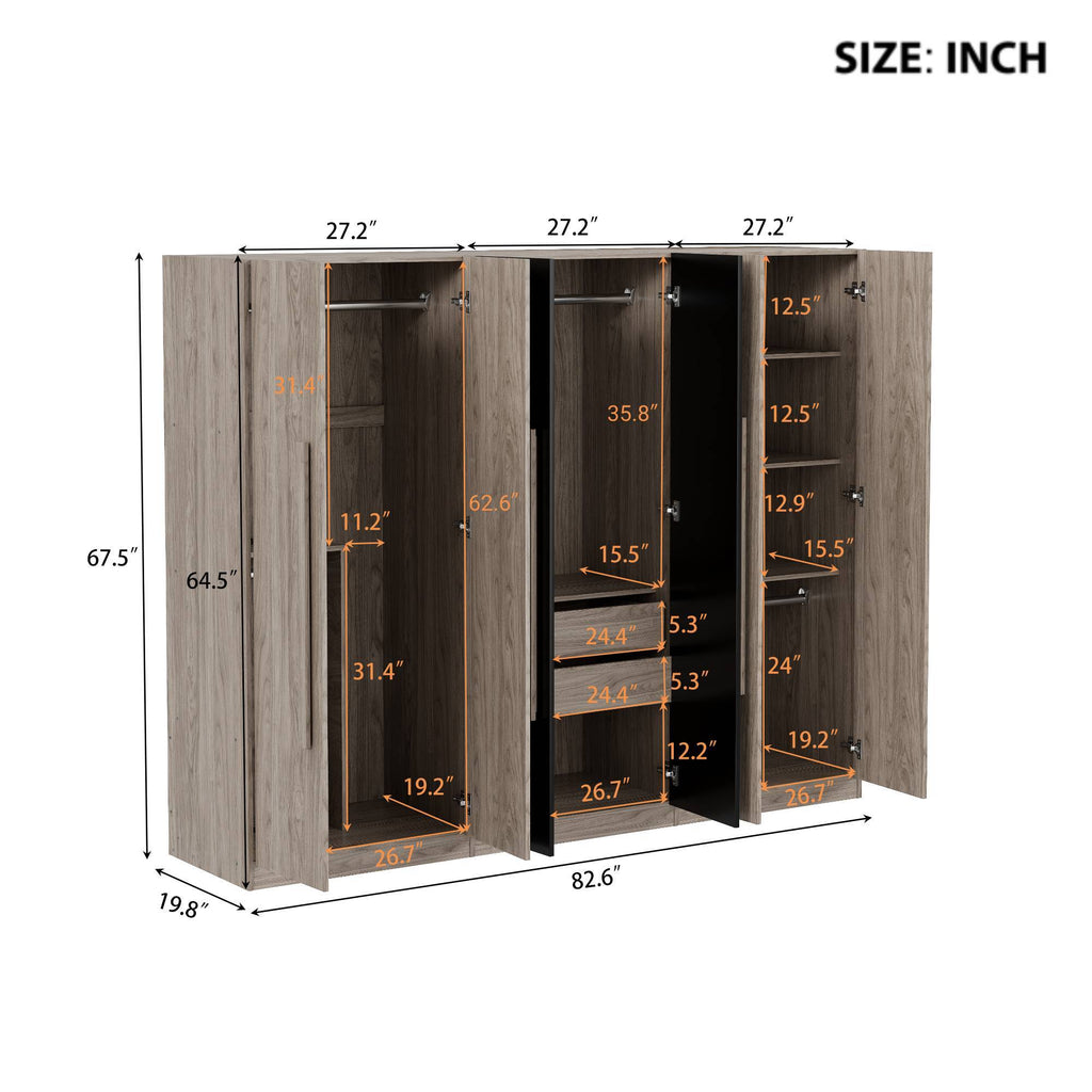 6 Doors Wardrobe Storage For Bedroom, With 2 Drawers Inside - Black / Nature