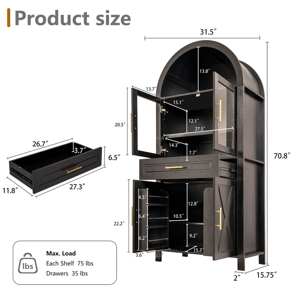 Arched Kitchen Pantry Cabinet With Adjustable Shelves And Barn Door Design