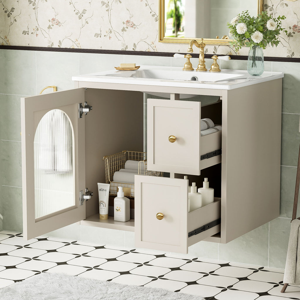 Wall-Mounted Bathroom Vanity Set With Sink, 2 Drawers And Soft-Close Door