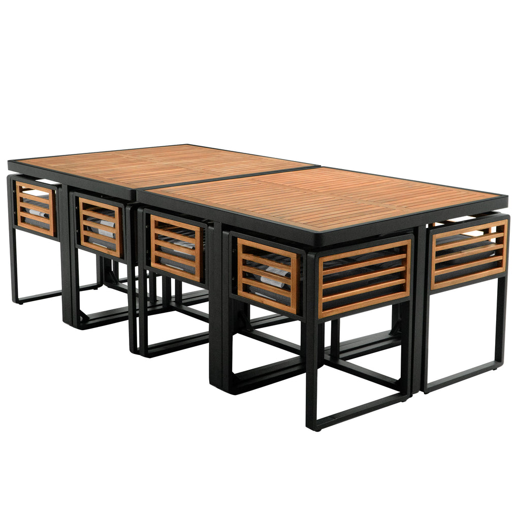 Acacia Wood Patio Dining Set, Cushioned Chairs & Ottomans Square Table
