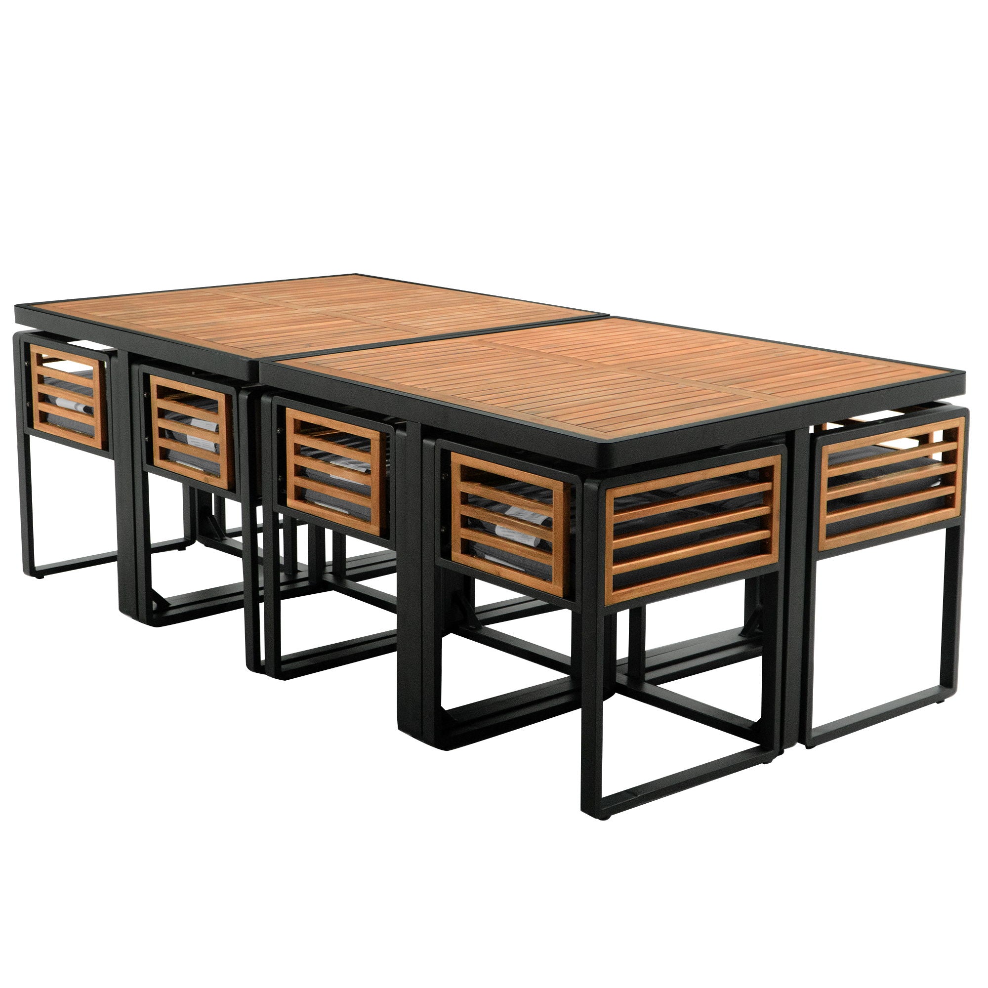 Acacia Wood Patio Dining Set, Cushioned Chairs & Ottomans Square Table