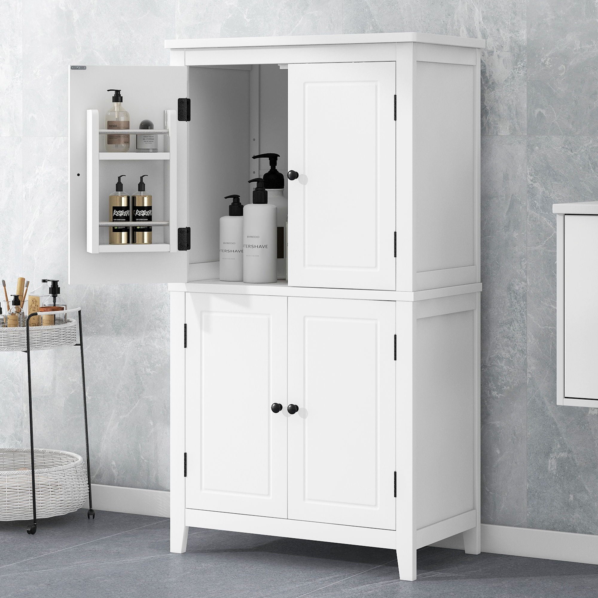 Elegant Bathroom Floor Storage Cabinet With 4 Doors, Adjustable Shelves