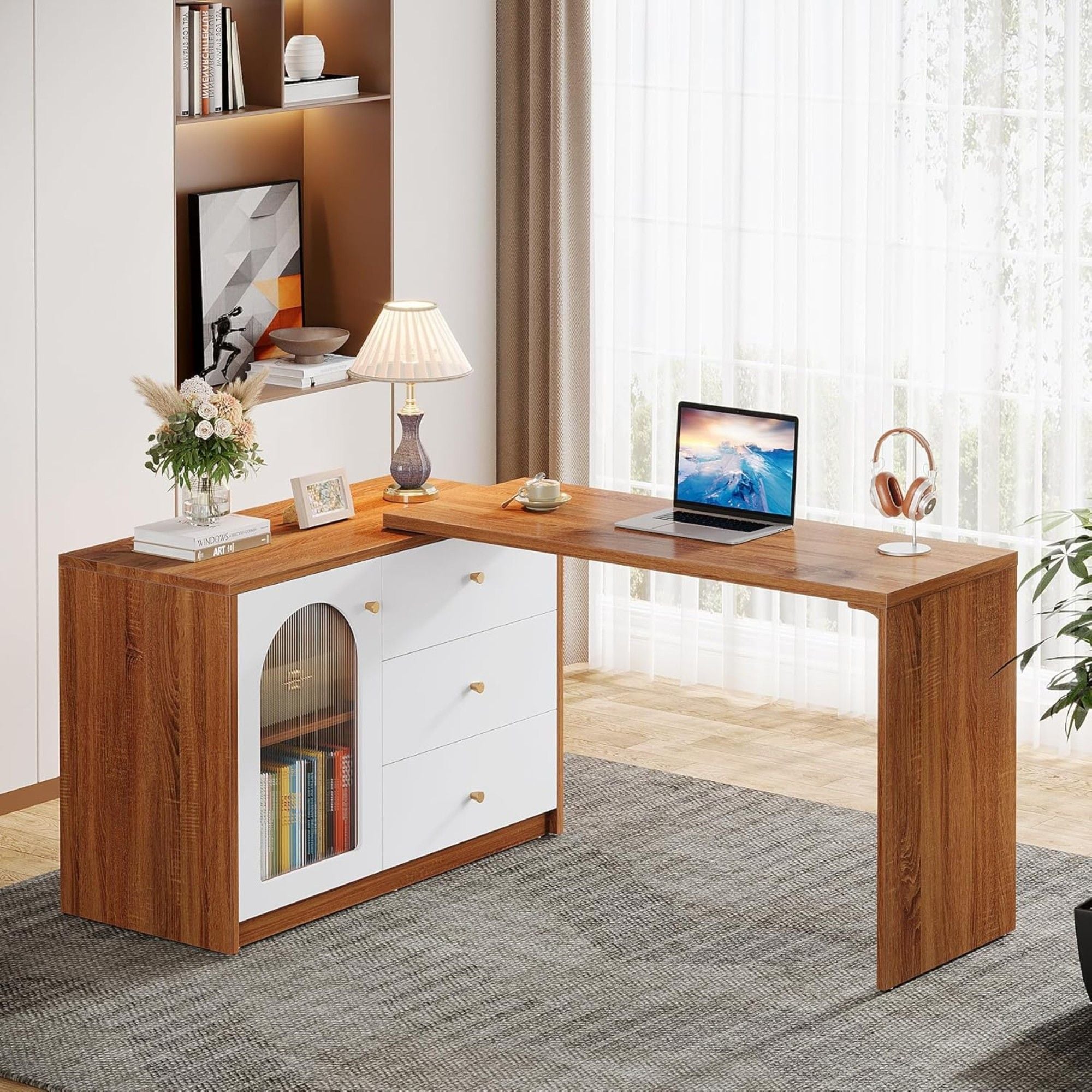 L - Shaped Computer Desk With Drawers, Reversible Corner Workstation For Home Office - Brown / White