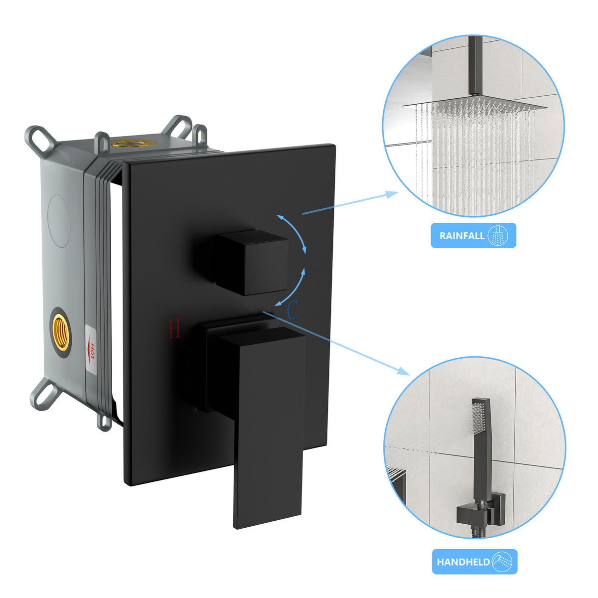 Dual Shower Head 10" Ceiling Mount Square Shower System With Rough In Valve - Matte Black
