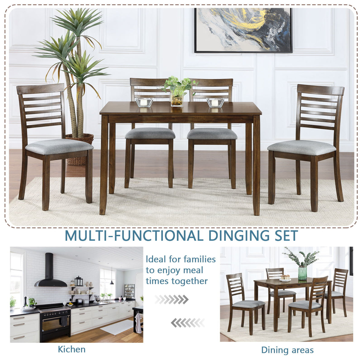 5 Pieces Modern Dining Set, Rectangular Wooden Dining Table With 4 Upholstered Chairs