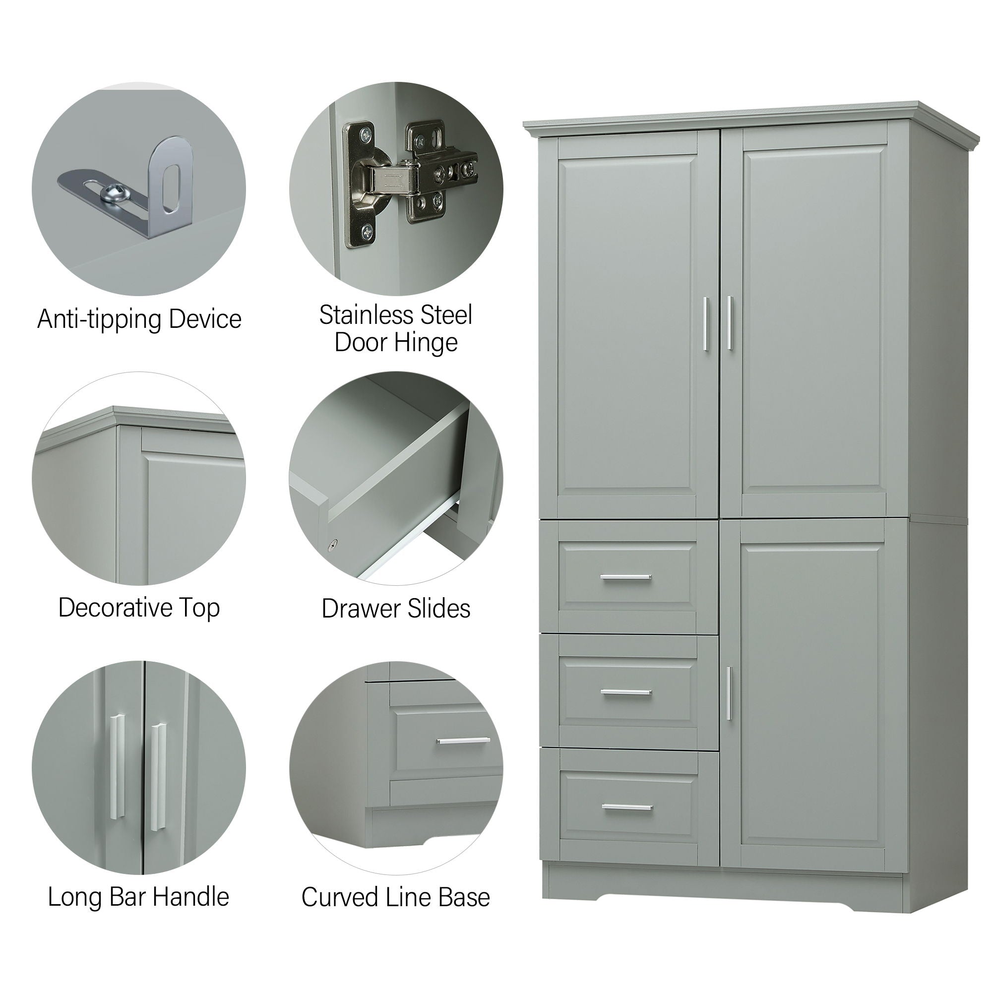 Tall And Wide Storage Cabinet With Doors, 3 Drawers