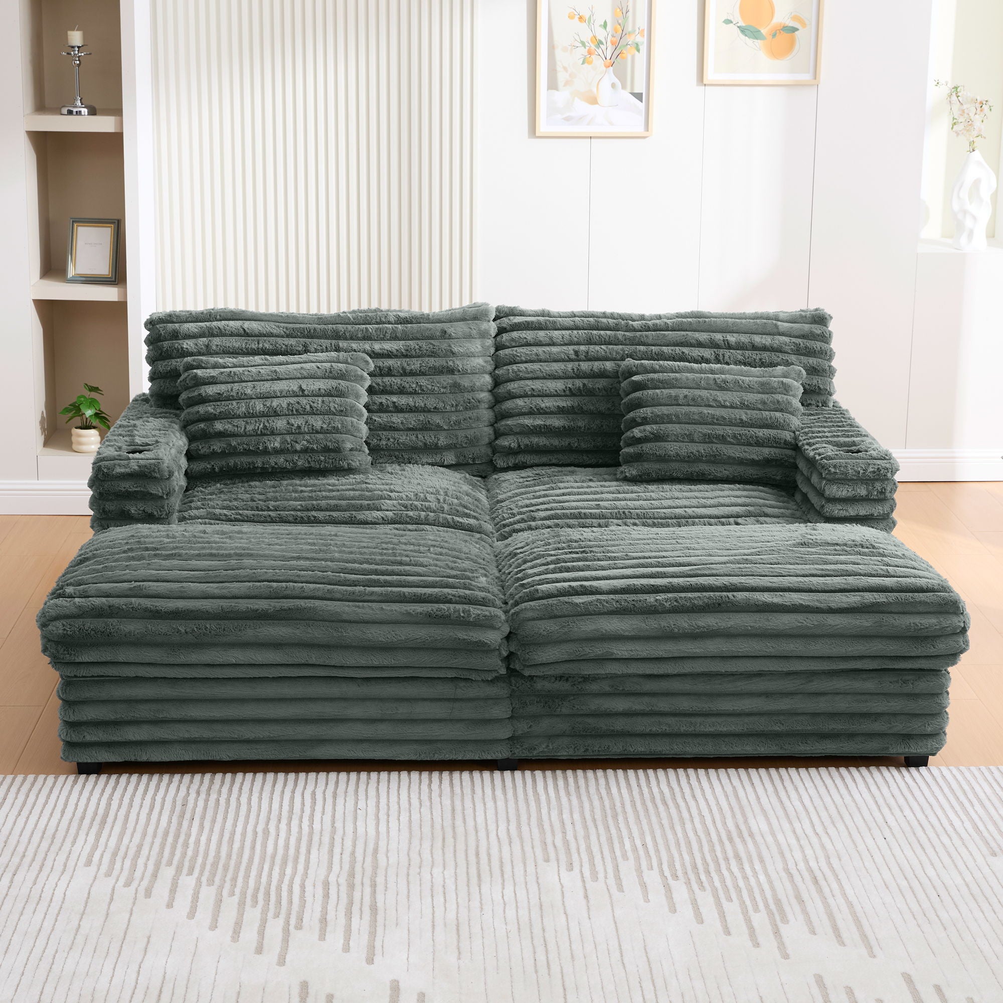 Oversized Double Chaise Lounge Sofa With USB Ports And Cup Holders