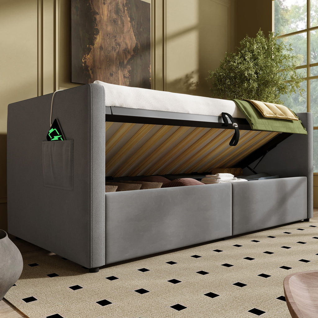 Upholstered Daybed With Hydraulic Storage And USB / Type - C Charging