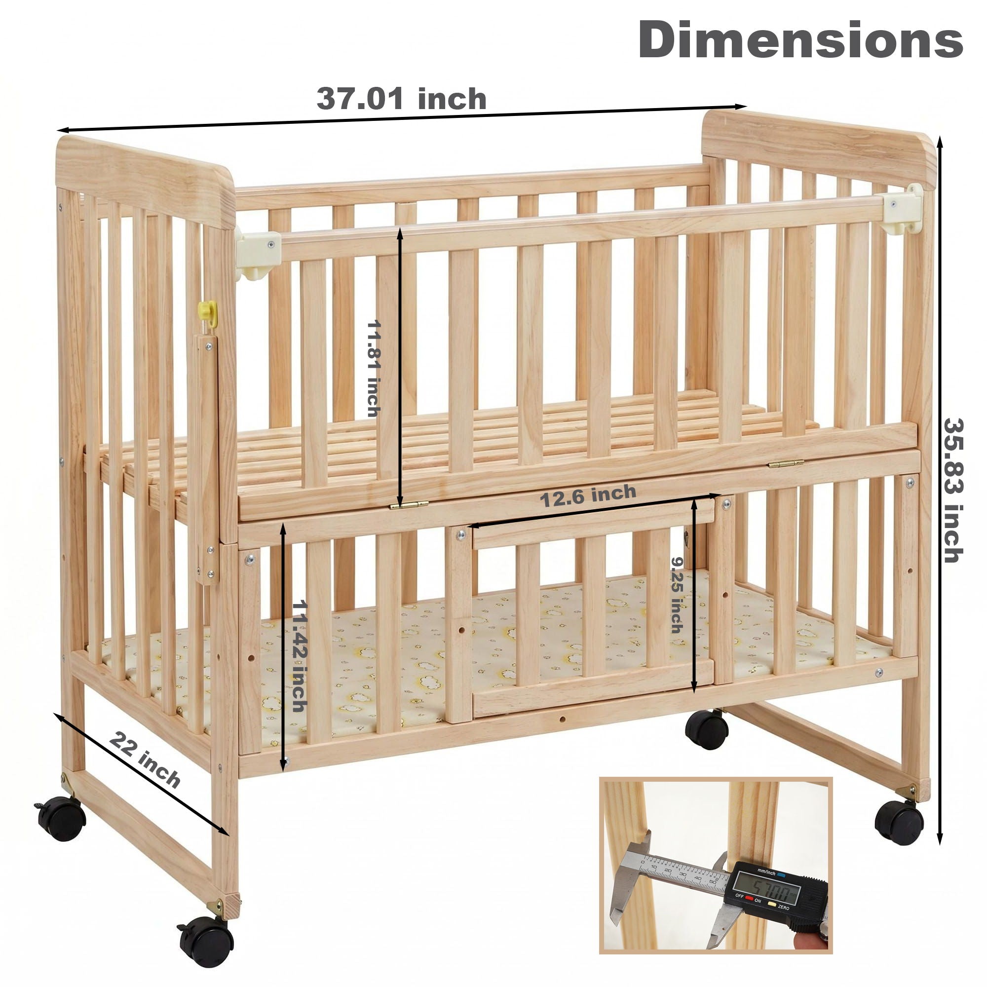 Portable Mini Baby Crib 5 In 1 Convertible With Foldable Storage - Natural Wood