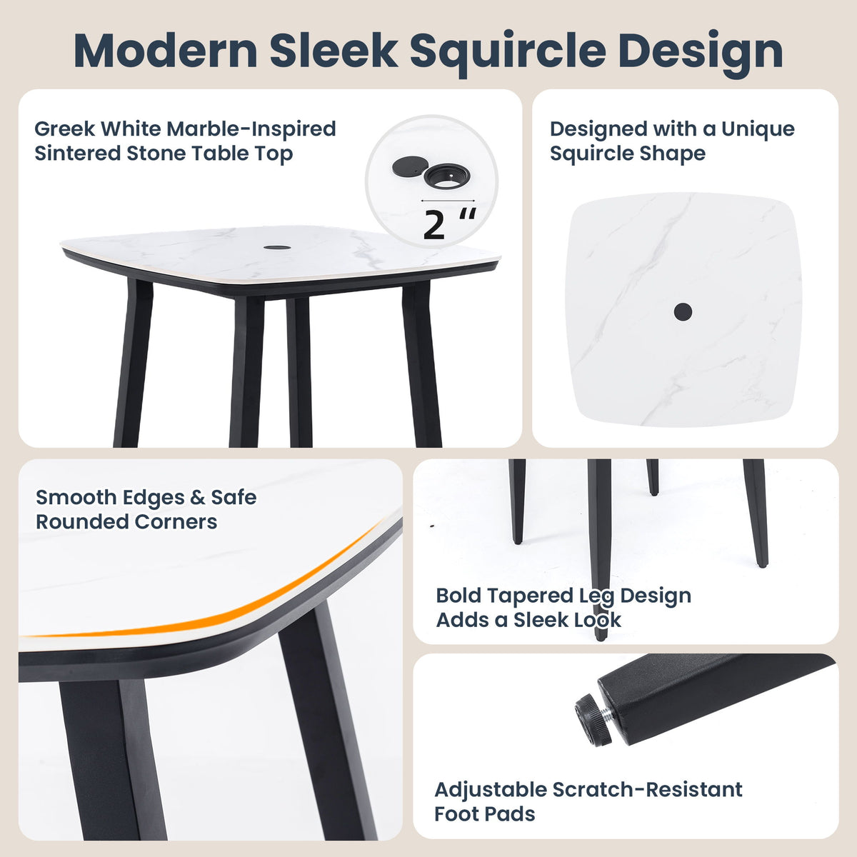 5 Pieces Outdoor Patio Bar Set, Rounded Square Sintered Stone Table & 4 Swivel Bar Chairs