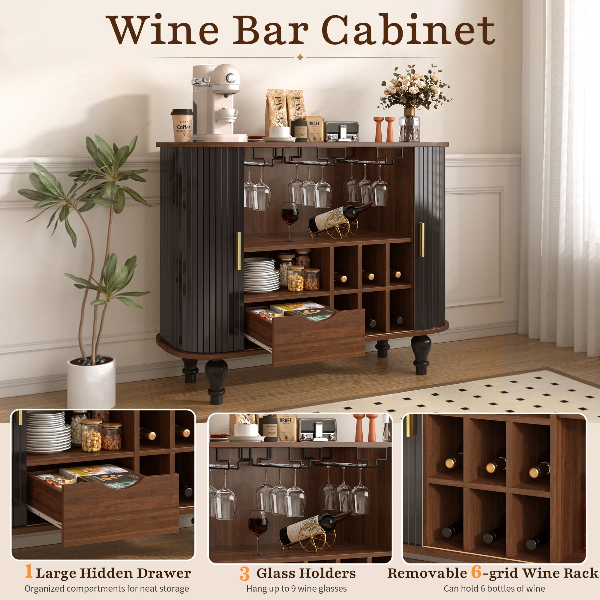 Fluted Liquor & Coffee Bar Cabinet With 6 Wine Racks And 3 Glass Holders