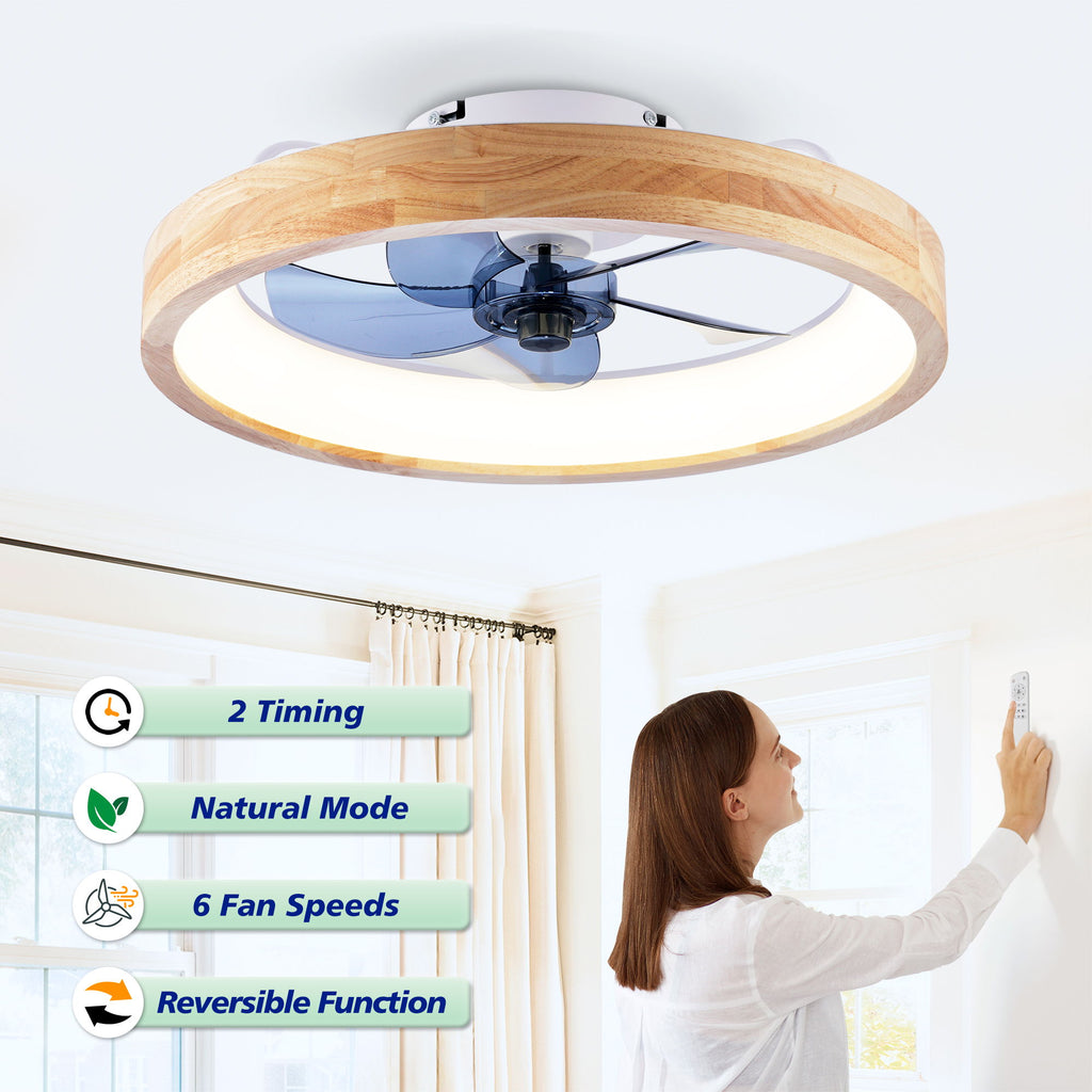 Ceiling Fans With Lights And Remote, 3000 - 6500K Dimmable Flush Mount LED Fan Light, 6 Speeds, Quiet DC Motor For Living Room - Matte White / Natural Wood