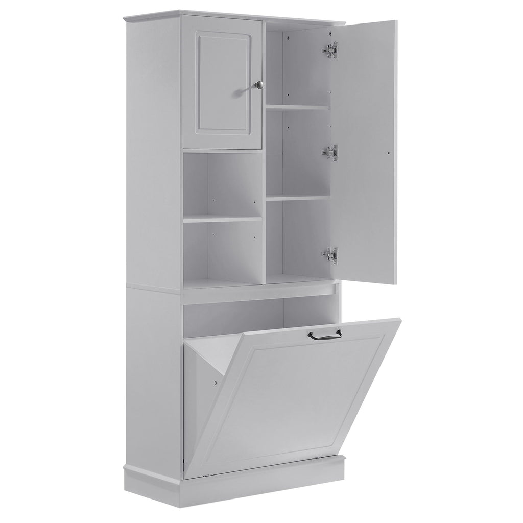 Modern Tall Storage Cabinet With Adjustable Shelves, Flip-Out Basket & Enclosed Doors