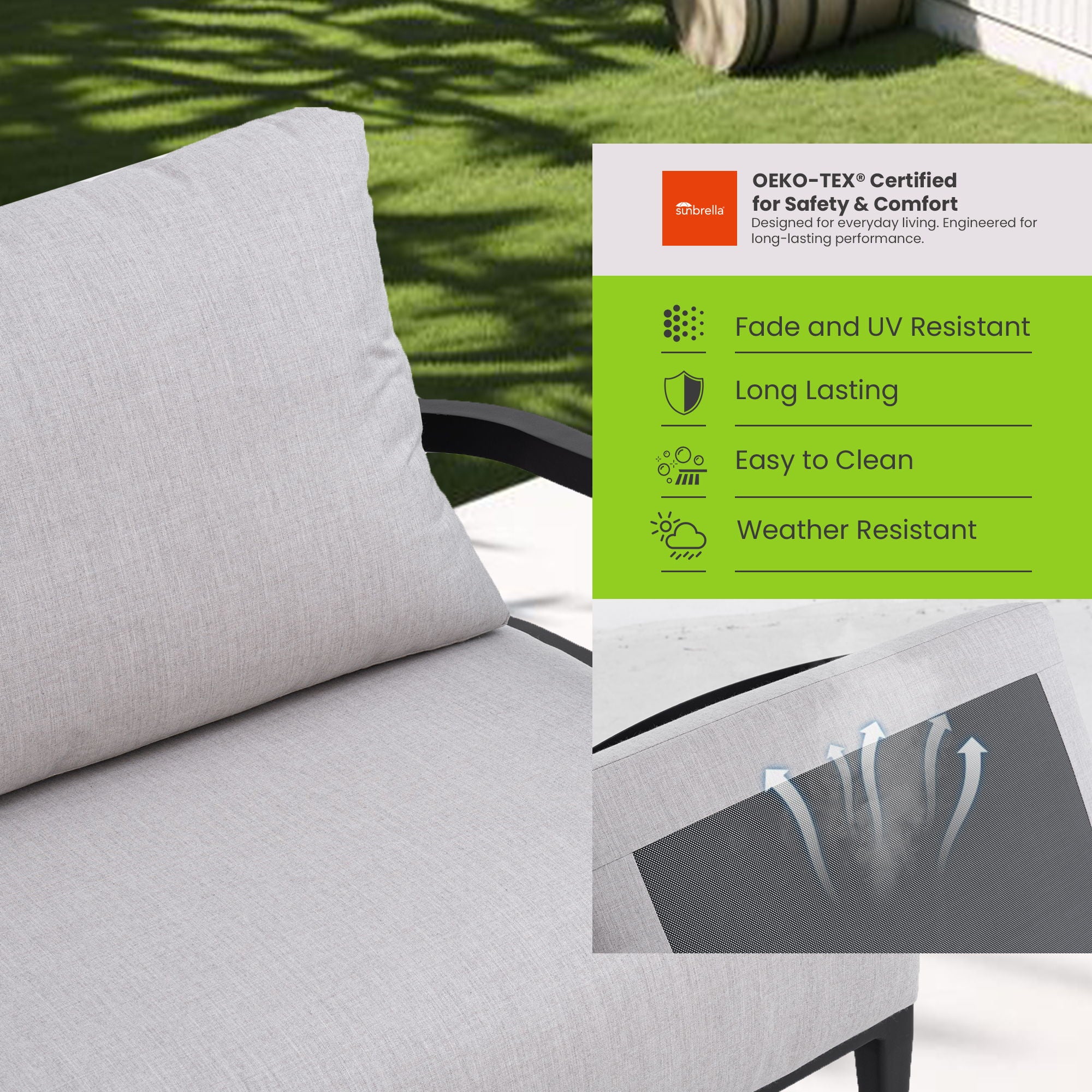 Outdoor Conversation Set With Chairs, Bench Sofa, Tables, Sunbrella Cushions