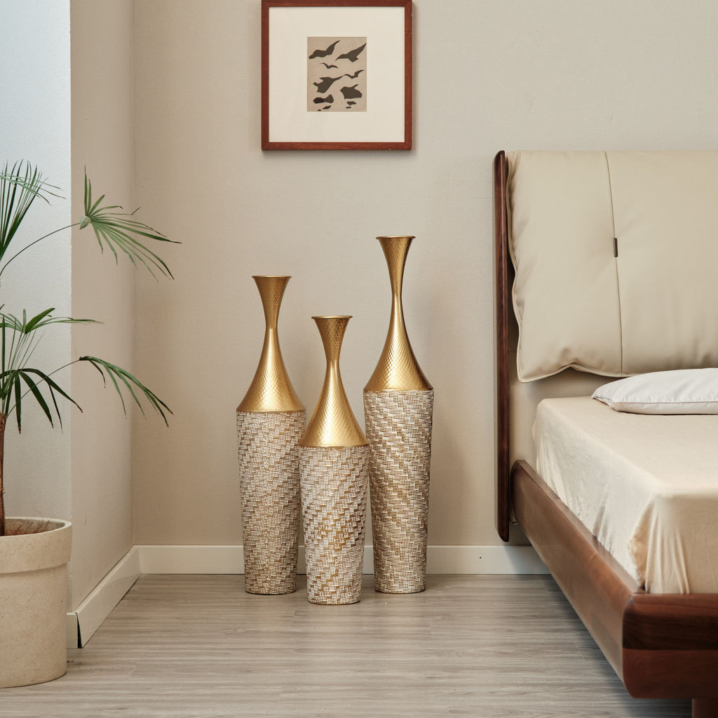 Floor Metal Vase Modern Style Decoration Home Woven Pattern Metal Vase 3 Piece Set Gorgeous Home Decoration Large Glazed Metal Vase - Champagne