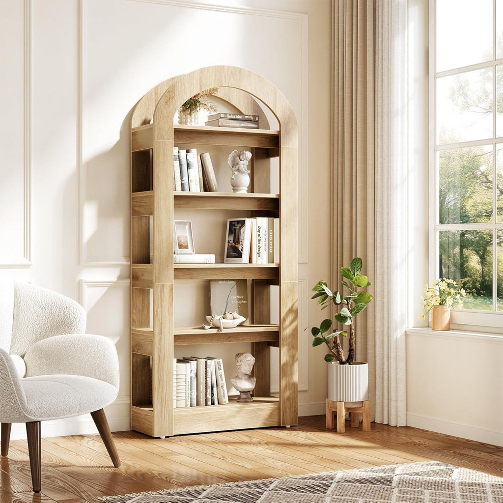 Arched 5 Tier Bookshelf, Deep Storage - Teak