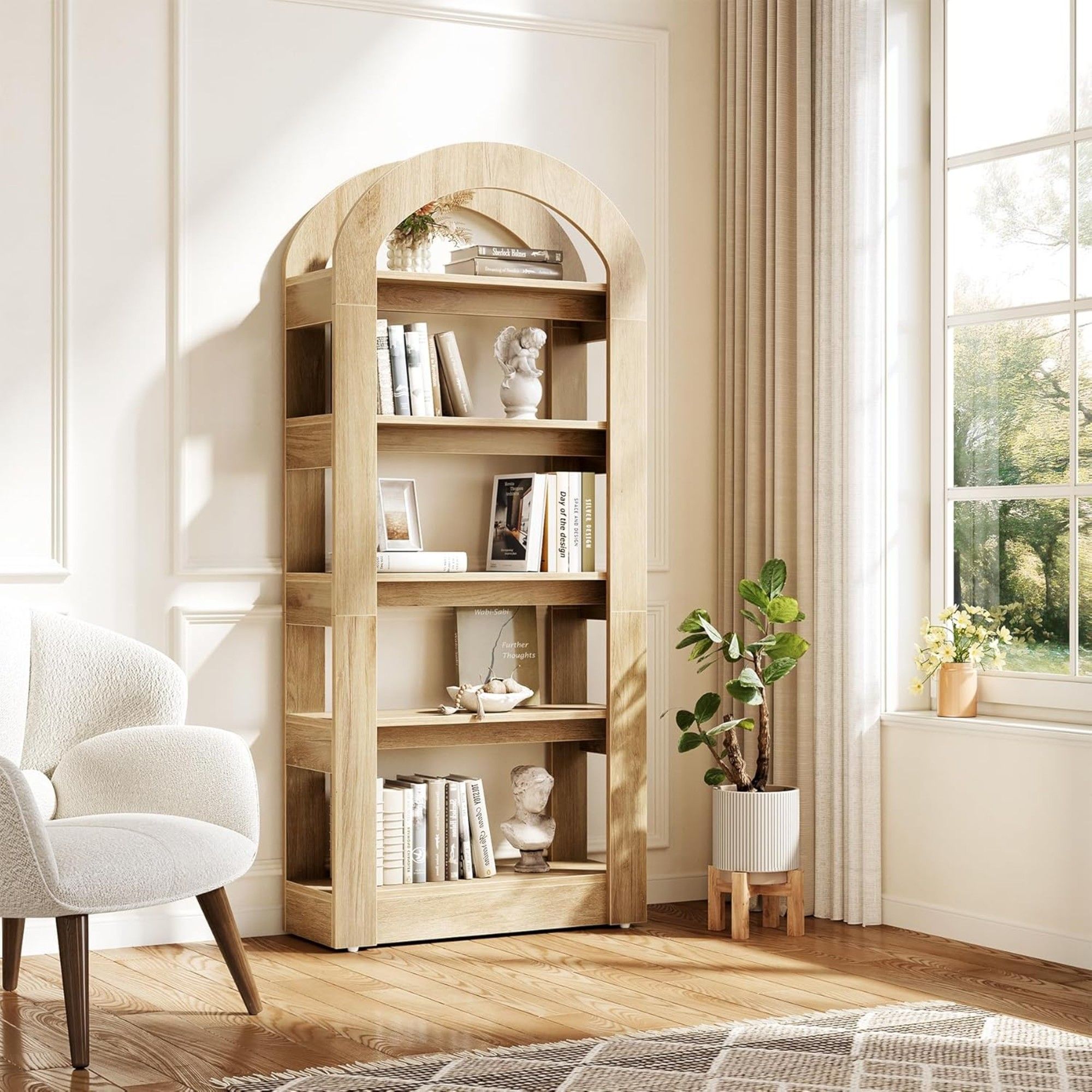 Arched 5 Tier Bookshelf, Deep Storage - Teak