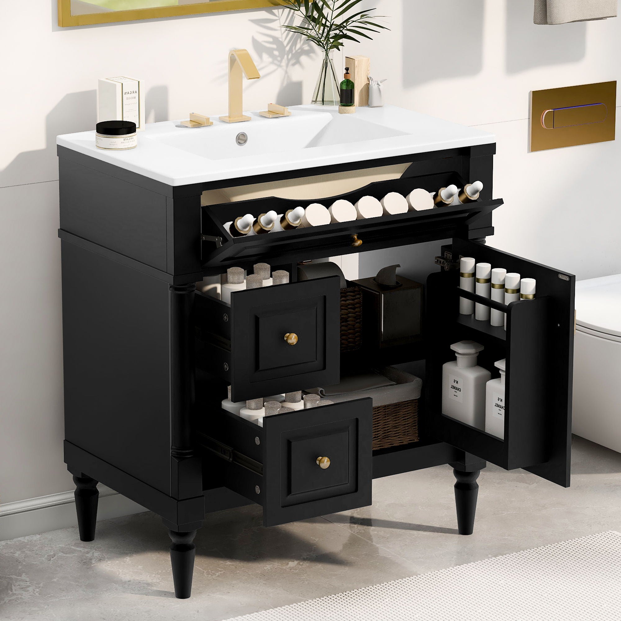 Modern Bathroom Vanity With Sink, Freestanding Cabinet With Flip Drawer & Adjustable Shelf