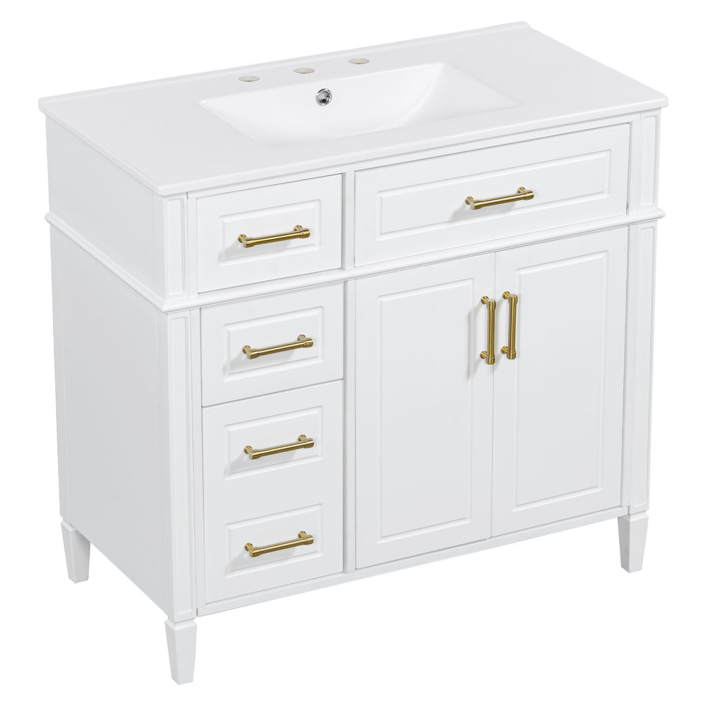 Bathroom Vanity With Sink, 4 Drawers (1 Flip Drawer), 2 Doors & Adjustable Shelf - White