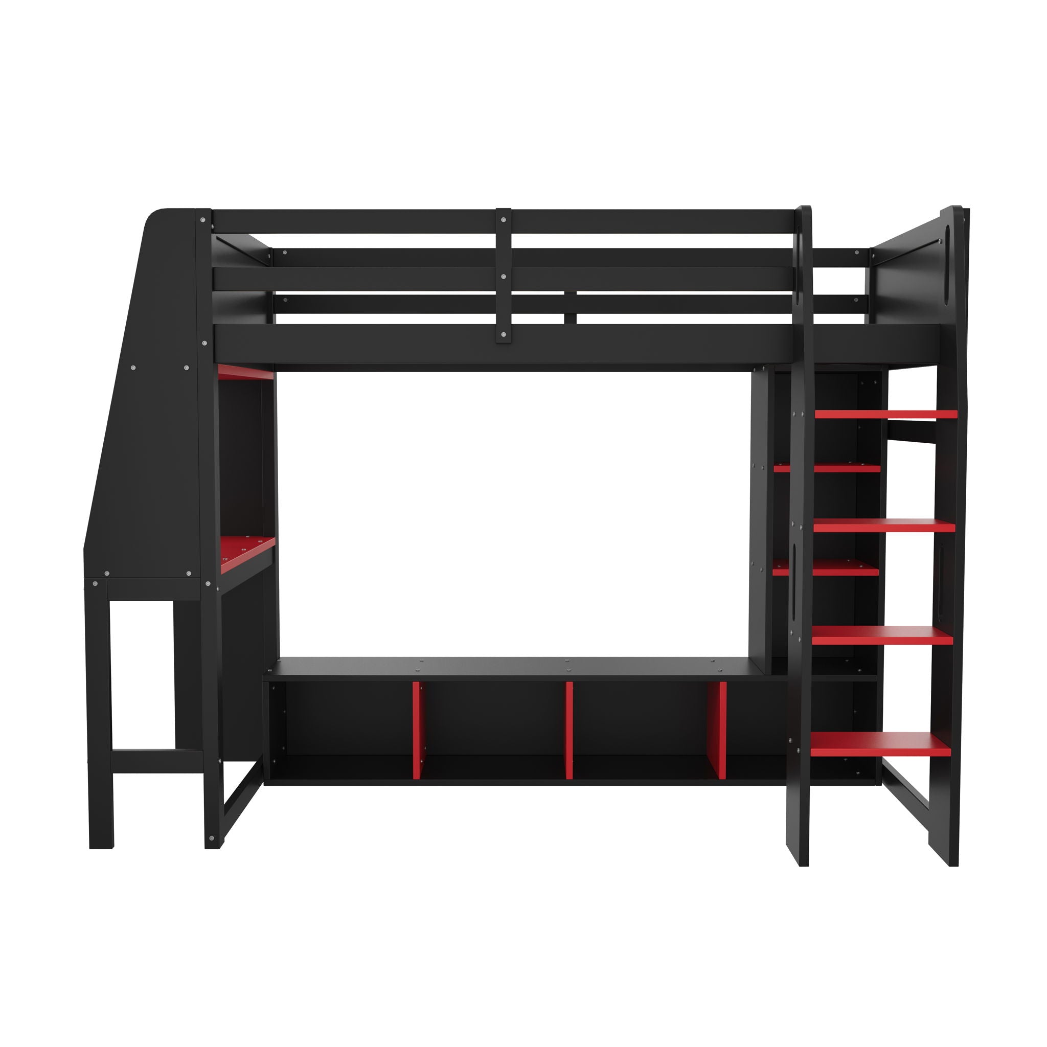 Gaming Loft Bed With Desk, Multi Storage Shelves, LED Lighting, And Hanging Clothes Rack