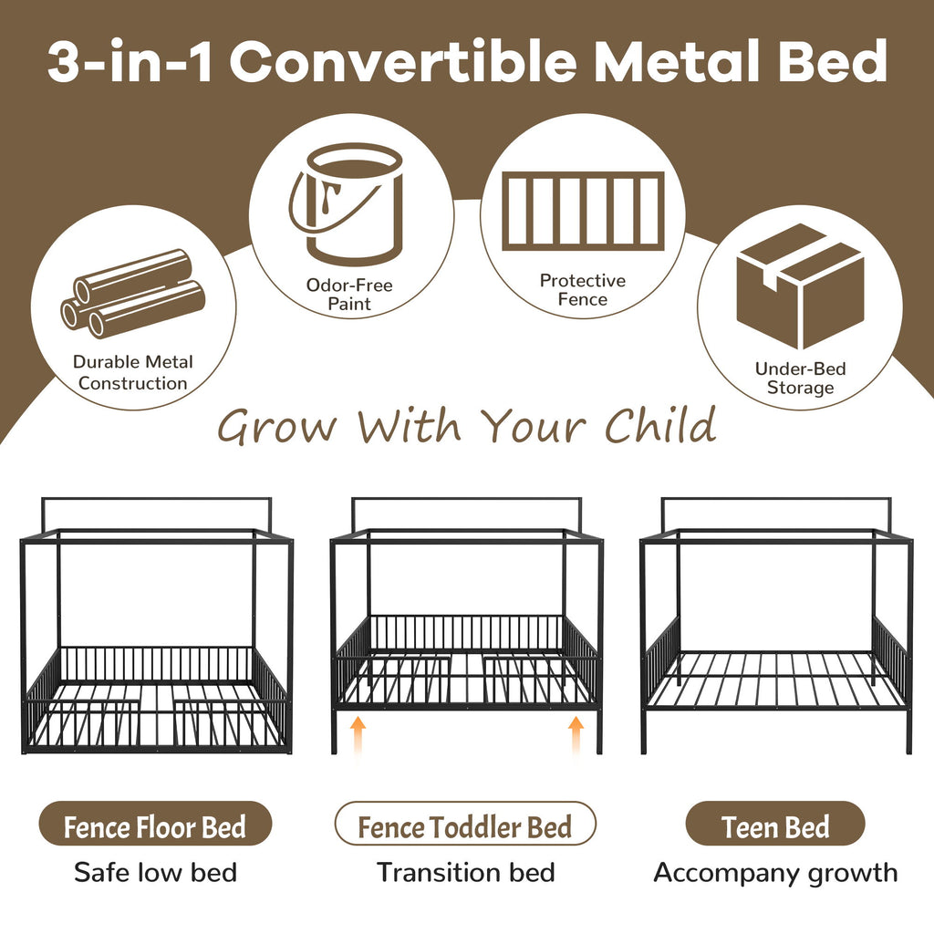 3 In 1 Convertible Montessori Floor Bed With Fenced Support