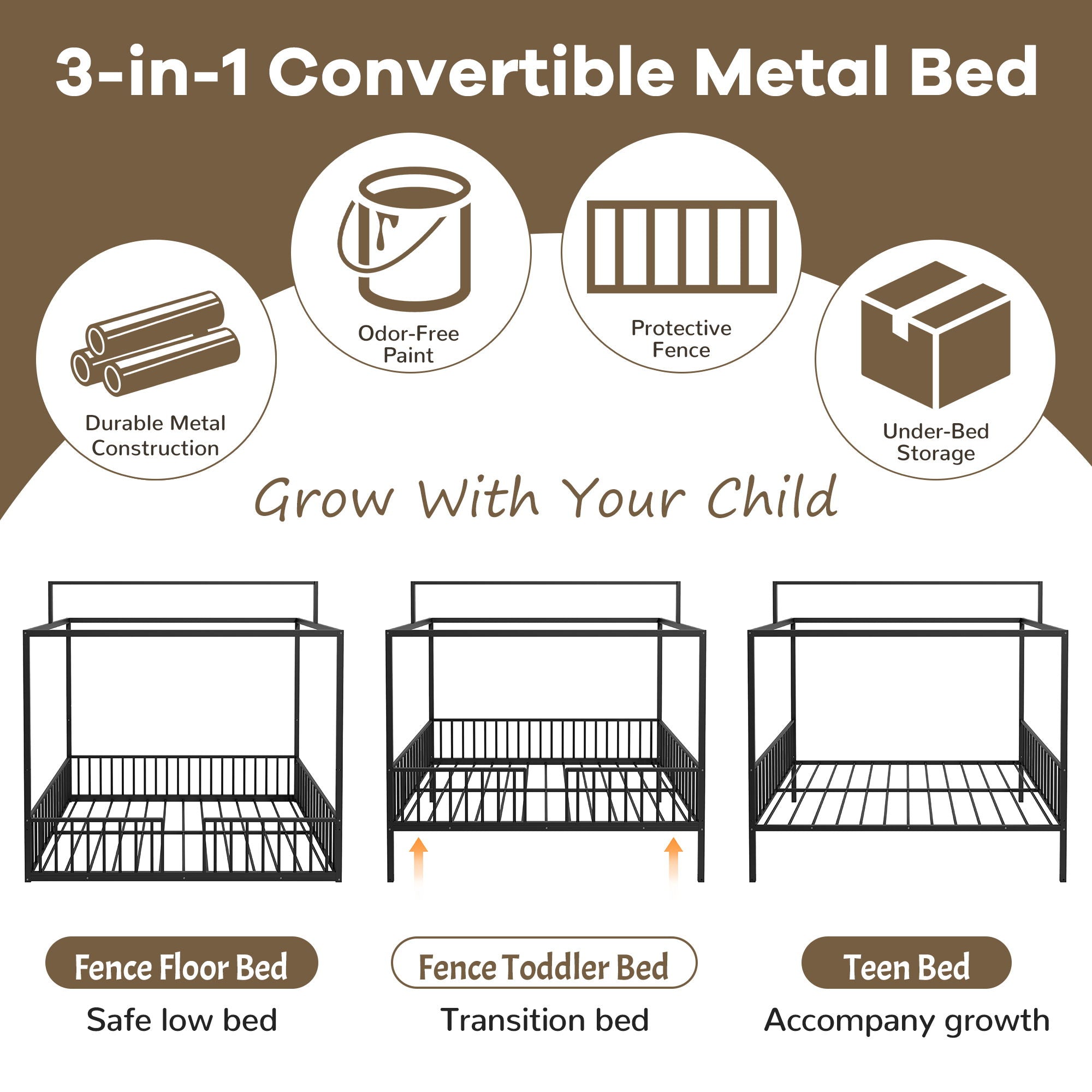 3 In 1 Convertible Montessori Floor Bed With Fenced Support