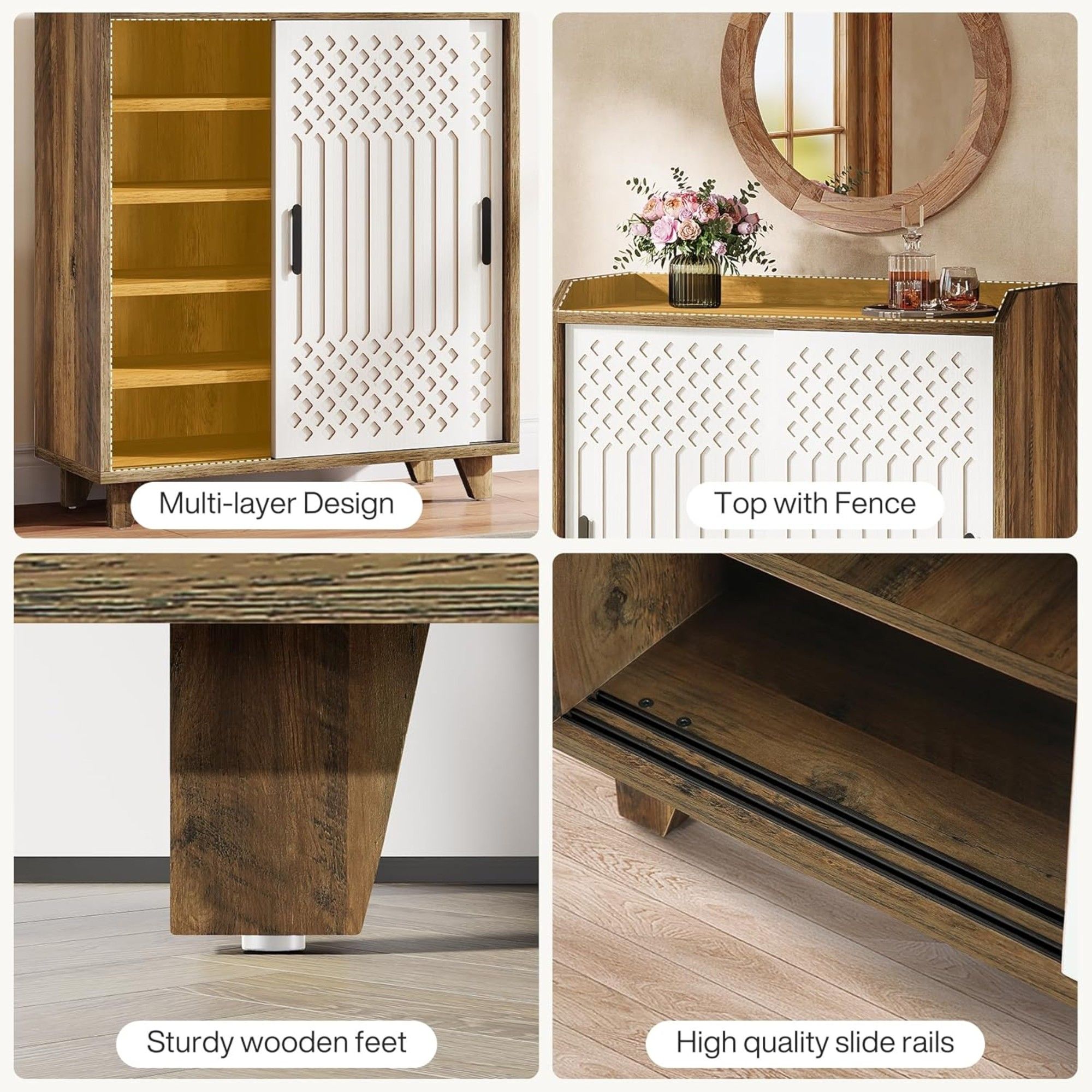 Sliding Door Sideboard Buffet Cabinet With Storage For Dining Room - Brown / White