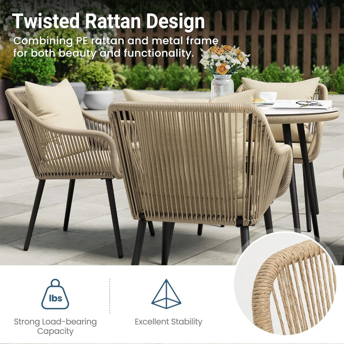 5 Piece Twisted Rattan Patio Dining Set With Table