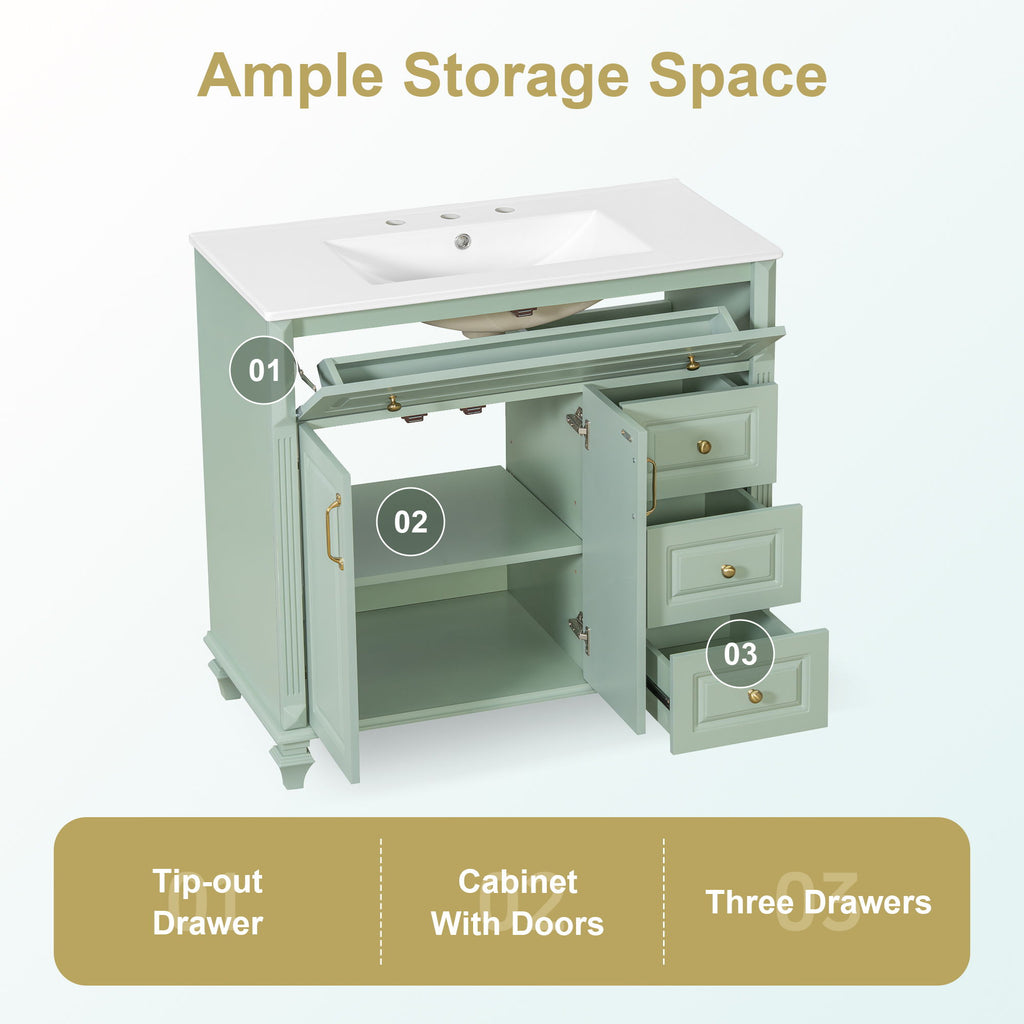Modern Bathroom Vanity With Sink, 3 Drawers & 2 Doors
