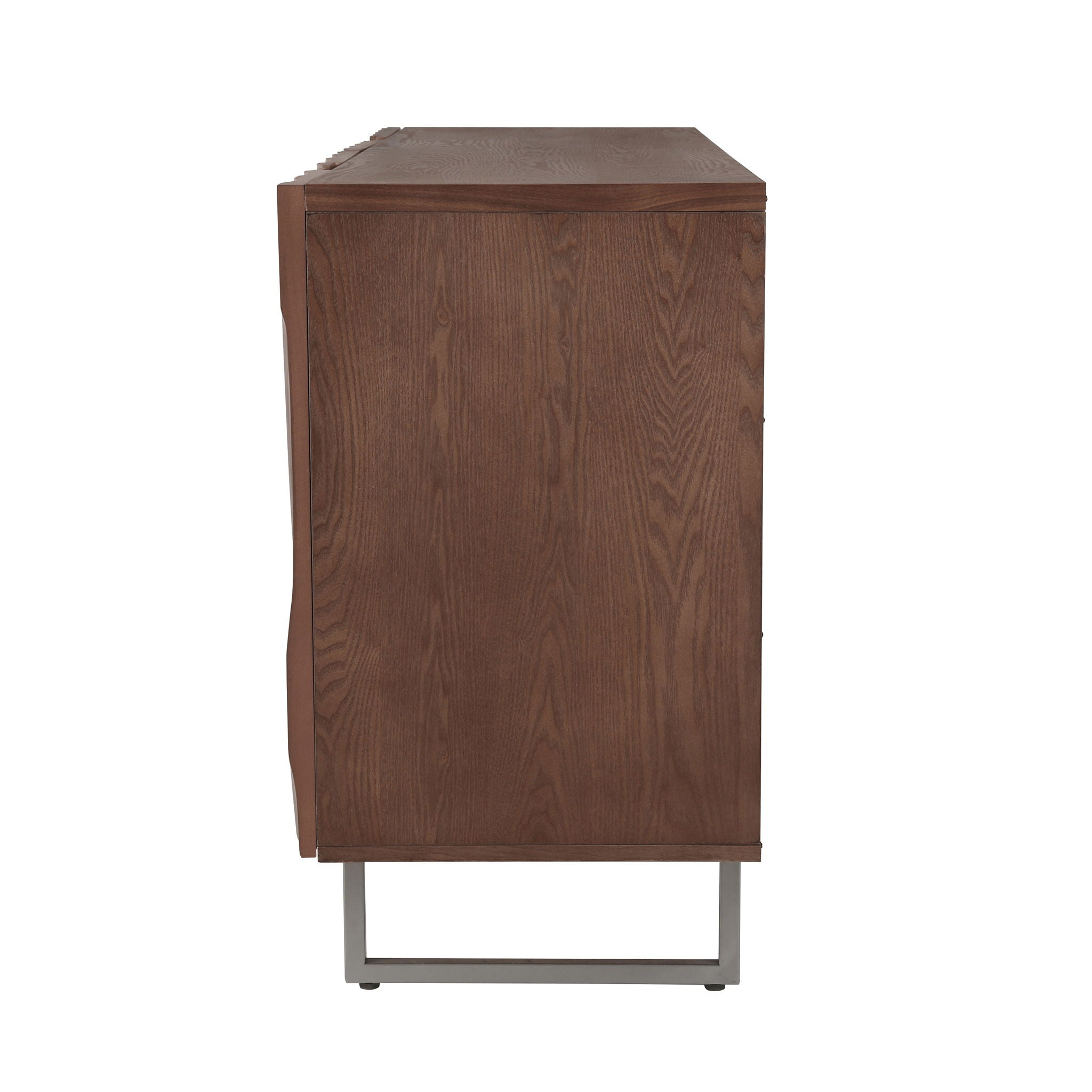 Modern Sculptural Sideboard, Ripple Doors, Adjustable Shelves, Metal Legs - Brown / Silver