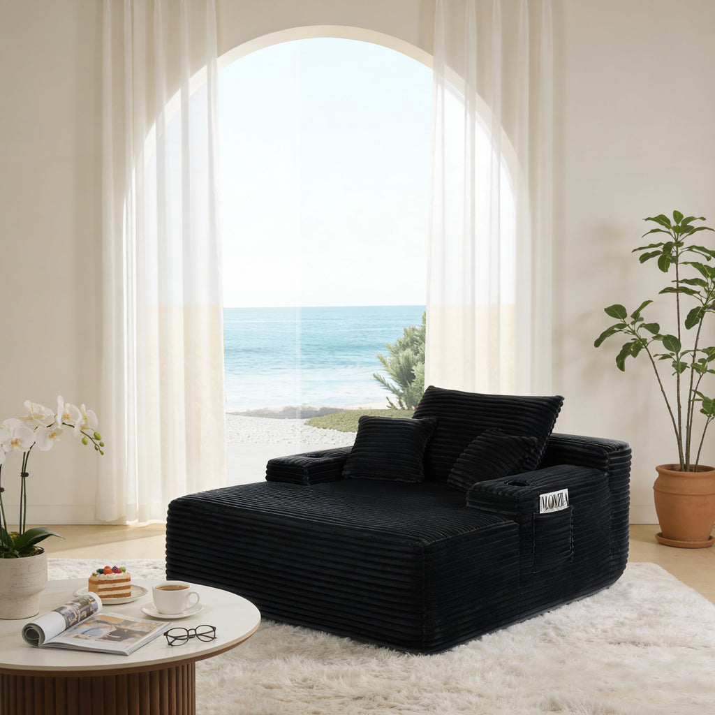 Convertible Chaise Lounge Chair With Wide Armrest & Throw Pillows - Black