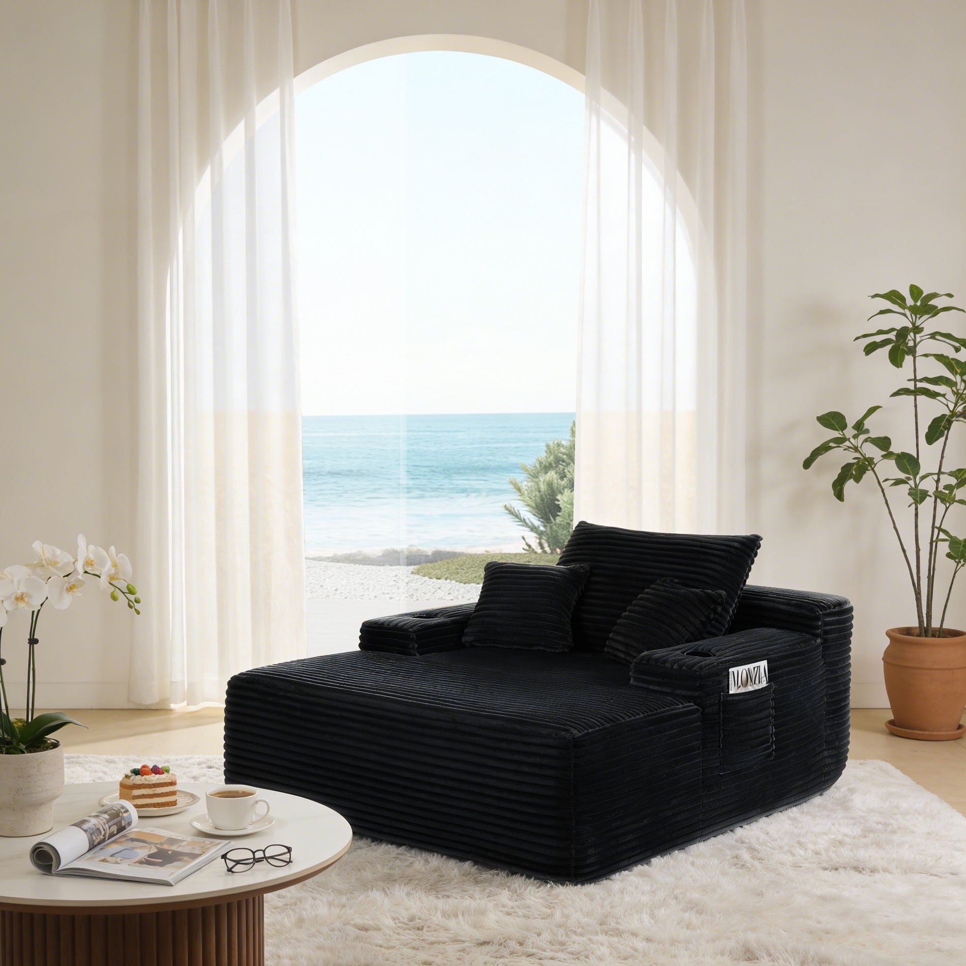 Convertible Chaise Lounge Chair With Wide Armrest & Throw Pillows - Black