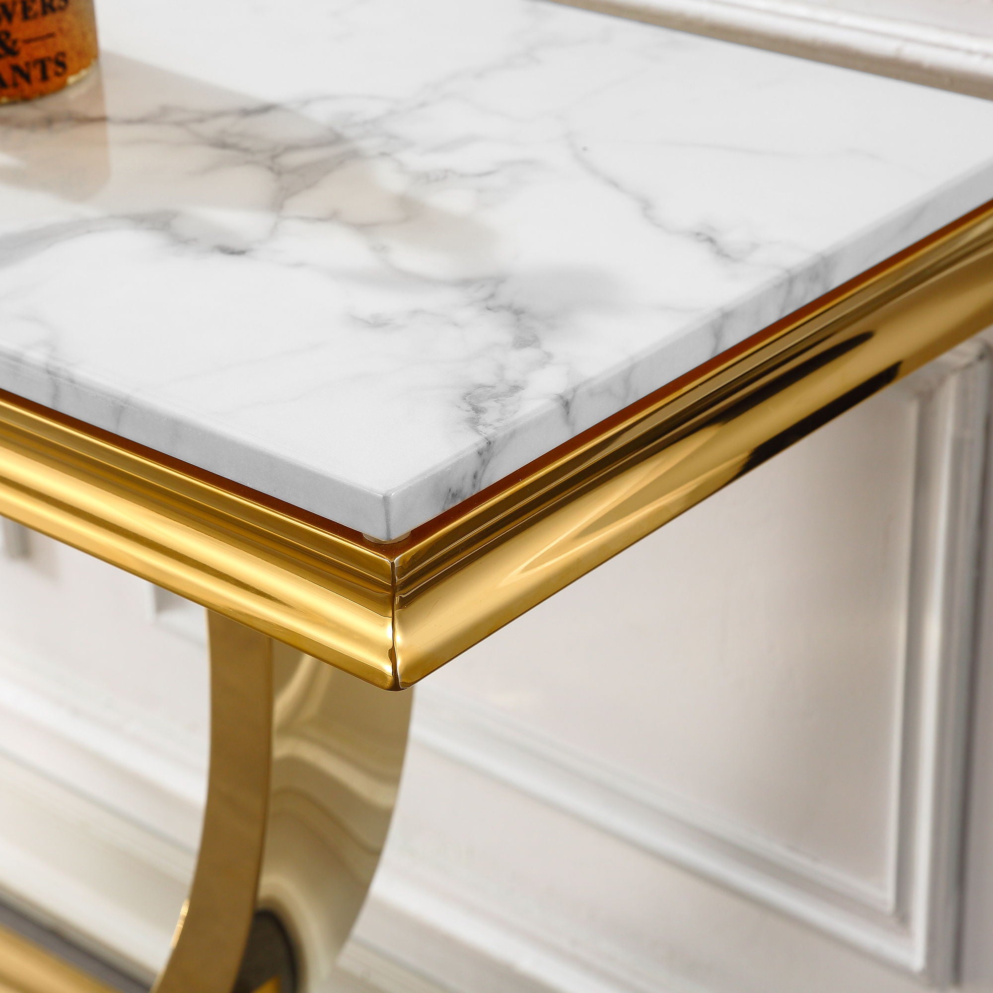 Modern Rectangular Marble Printing Console Table, U Shape Stainless Steel Base With Mirrored Finish