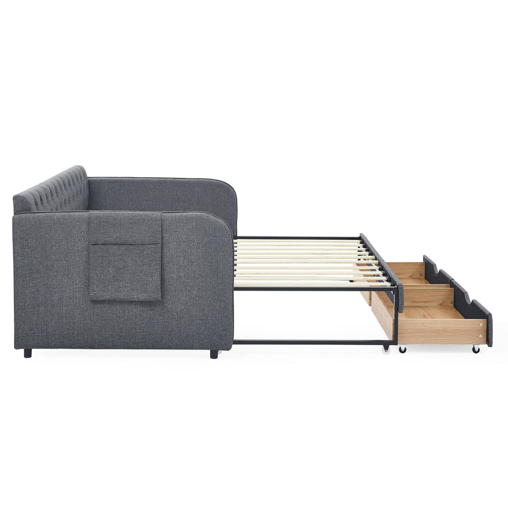 Daybed With Trundle And Storage Drawers, Flat Arms With Pocket
