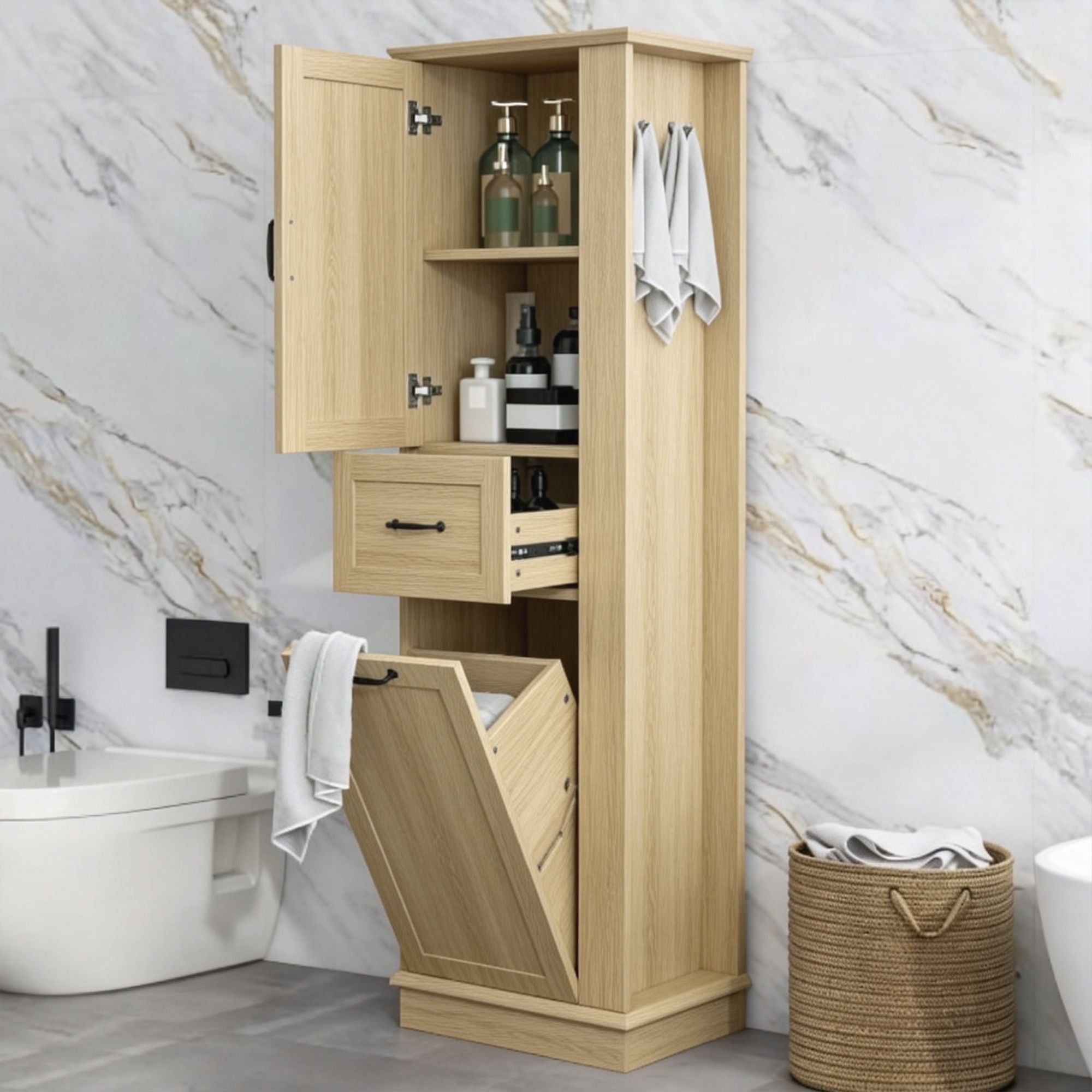 Modern Tall Storage Cabinet With Tilt-Out Compartment, Adjustable Shelves