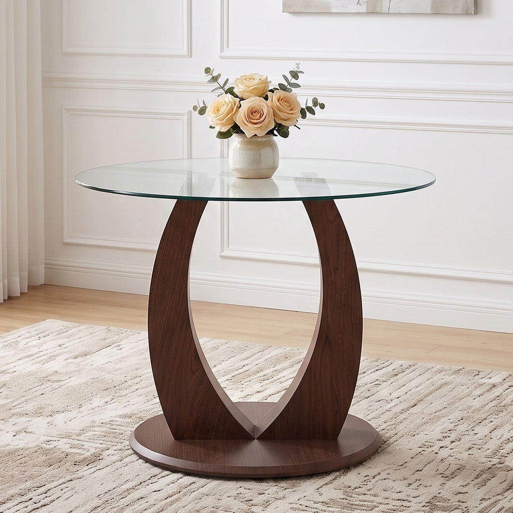 2 In 1 Round Glass Dining Table With Adjustable Curved Base, - Transparent / Walnut