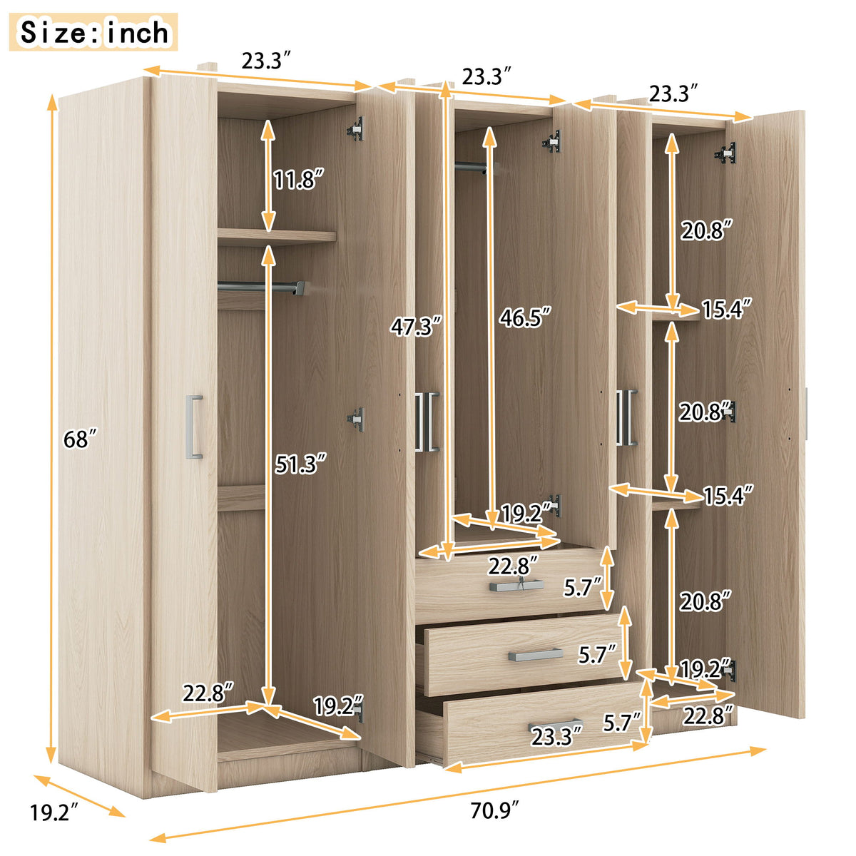 6 Doors Wardrobe Storage For Bedroom, With Big Drawers