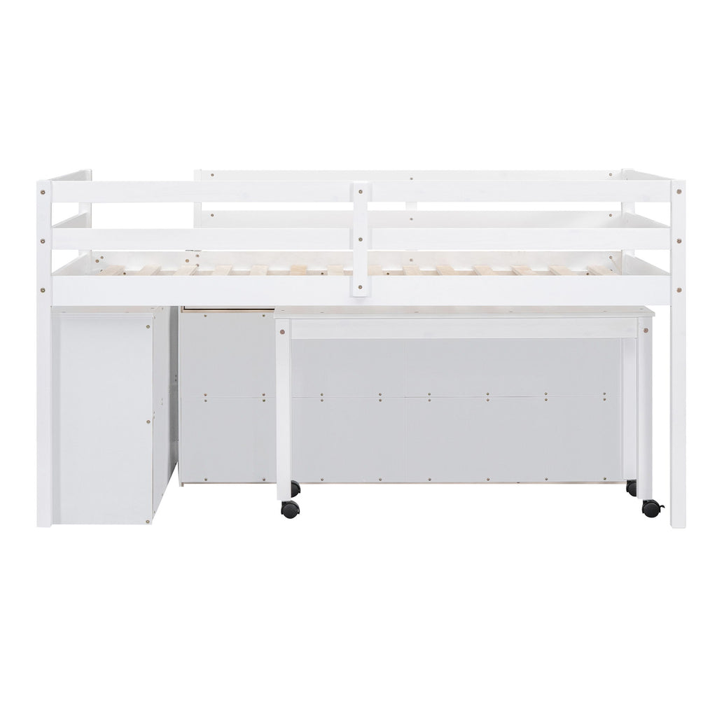 Loft Bed With Retractable Writing Desk And 4 Drawers, With Lateral Portable Desk And Shelves