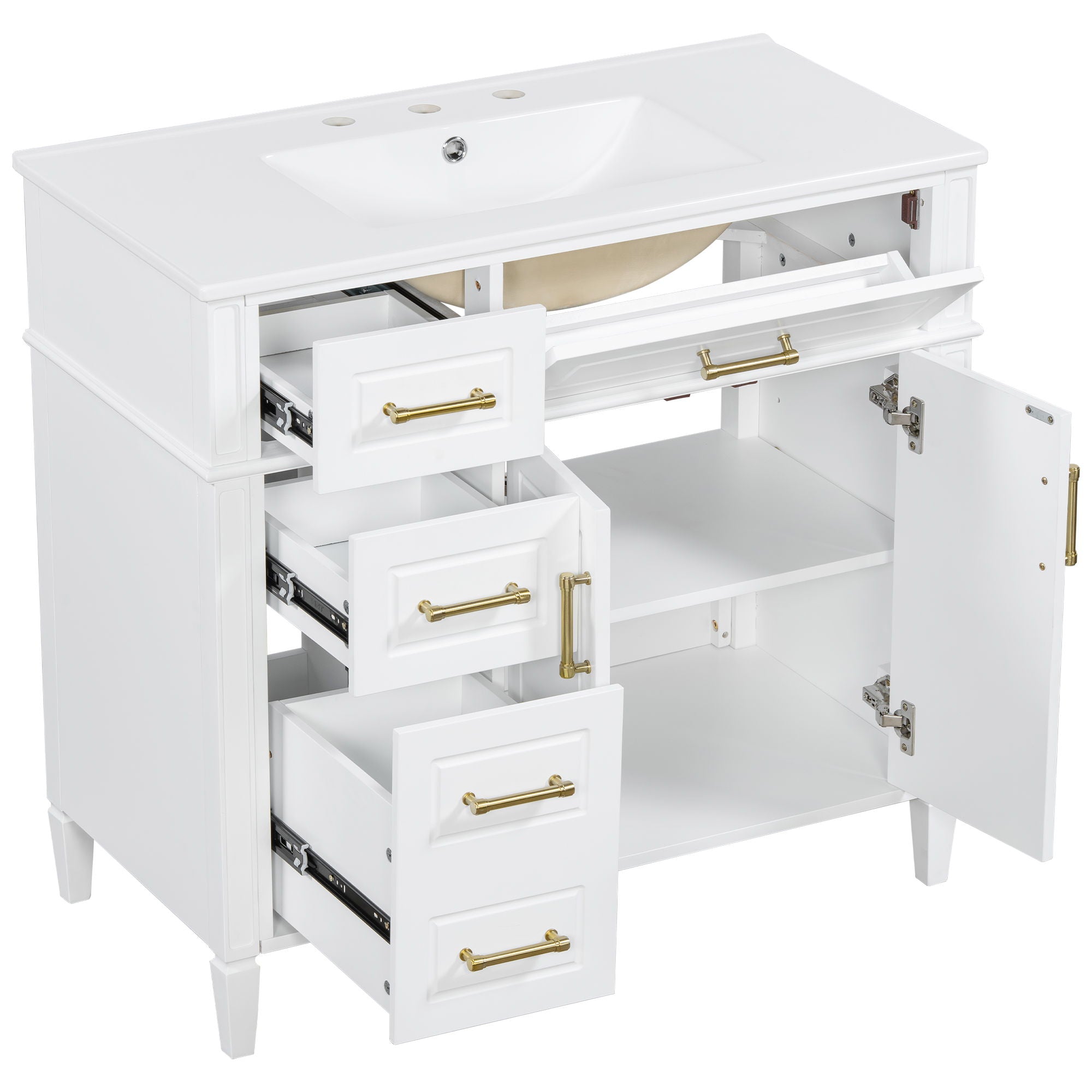 Bathroom Vanity With Sink, 4 Drawers (1 Flip Drawer), 2 Doors & Adjustable Shelf - White