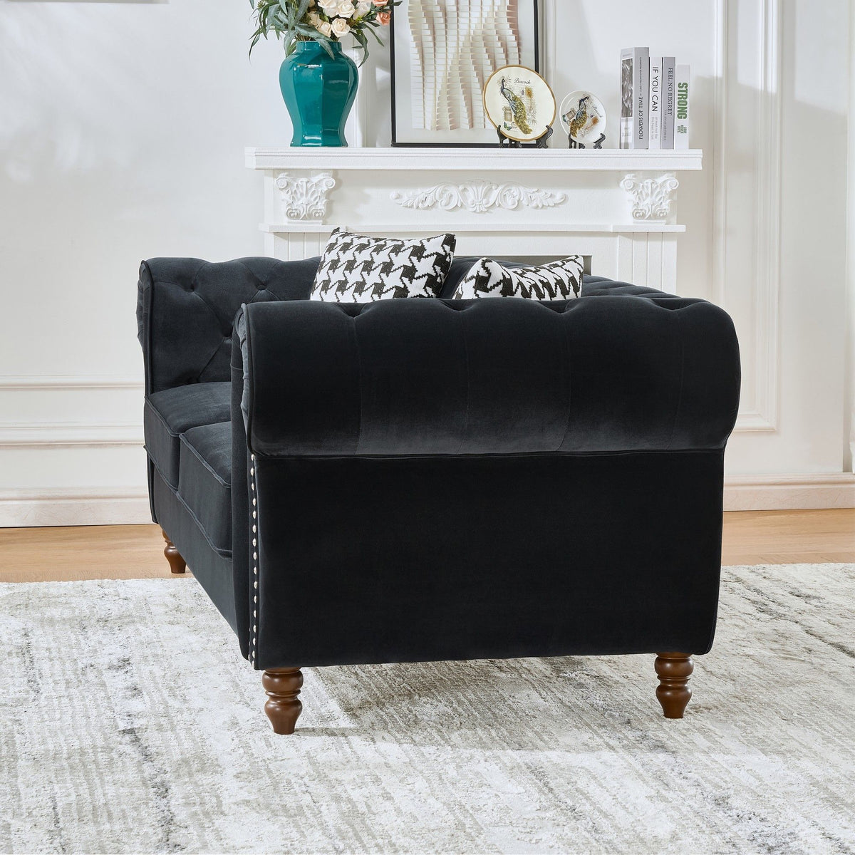 Chesterfield Upholstery Fabric Sofa With Roll Armrest & Nailhead, Mid Century Modern 3 And 3 Seater Couch