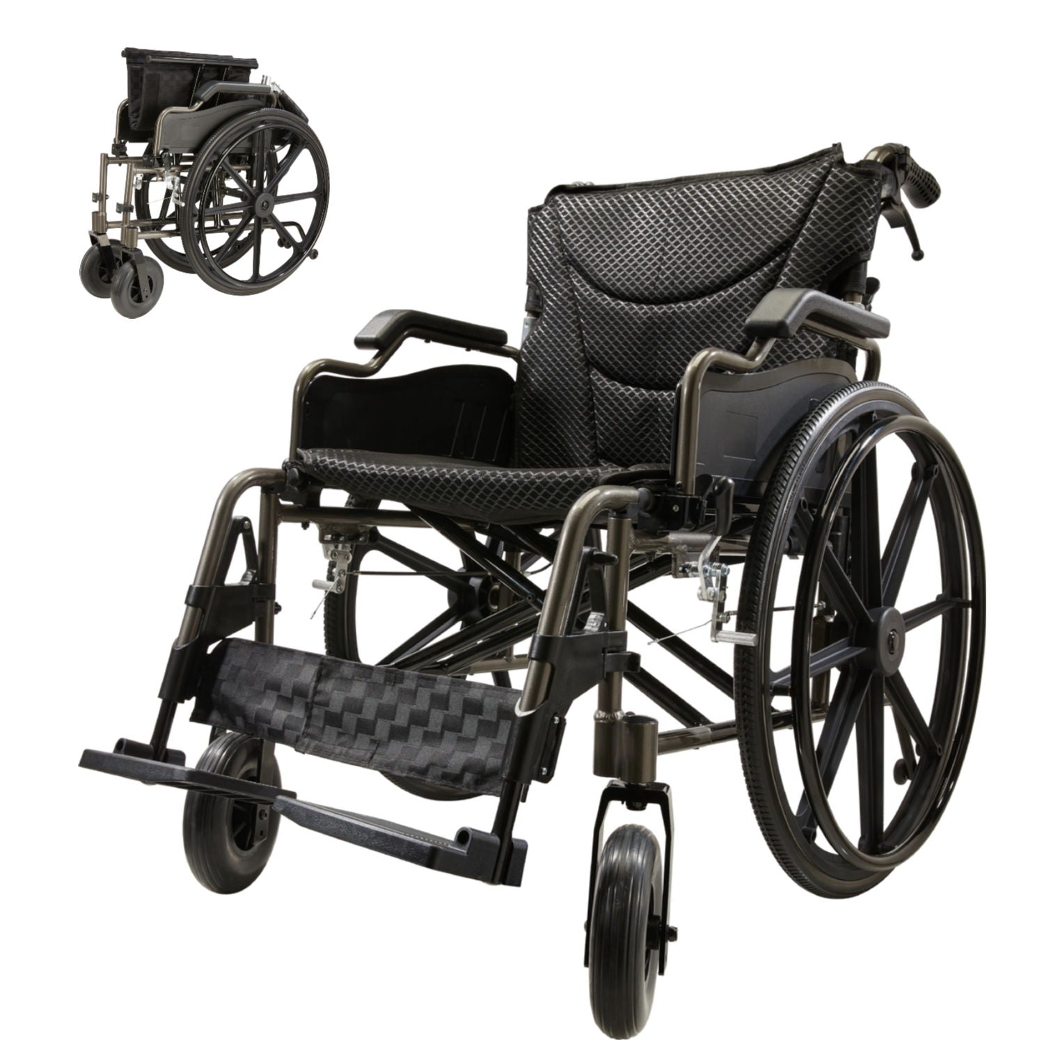 Lightweight Foldable Nursing Wheelchair For Adults Double X Force Support, 300Lbs Capacity, Breathable Cushion & Anti Backflip Design With Tires, Adjustable Seat Belt, Quick Release Wheels - Gray