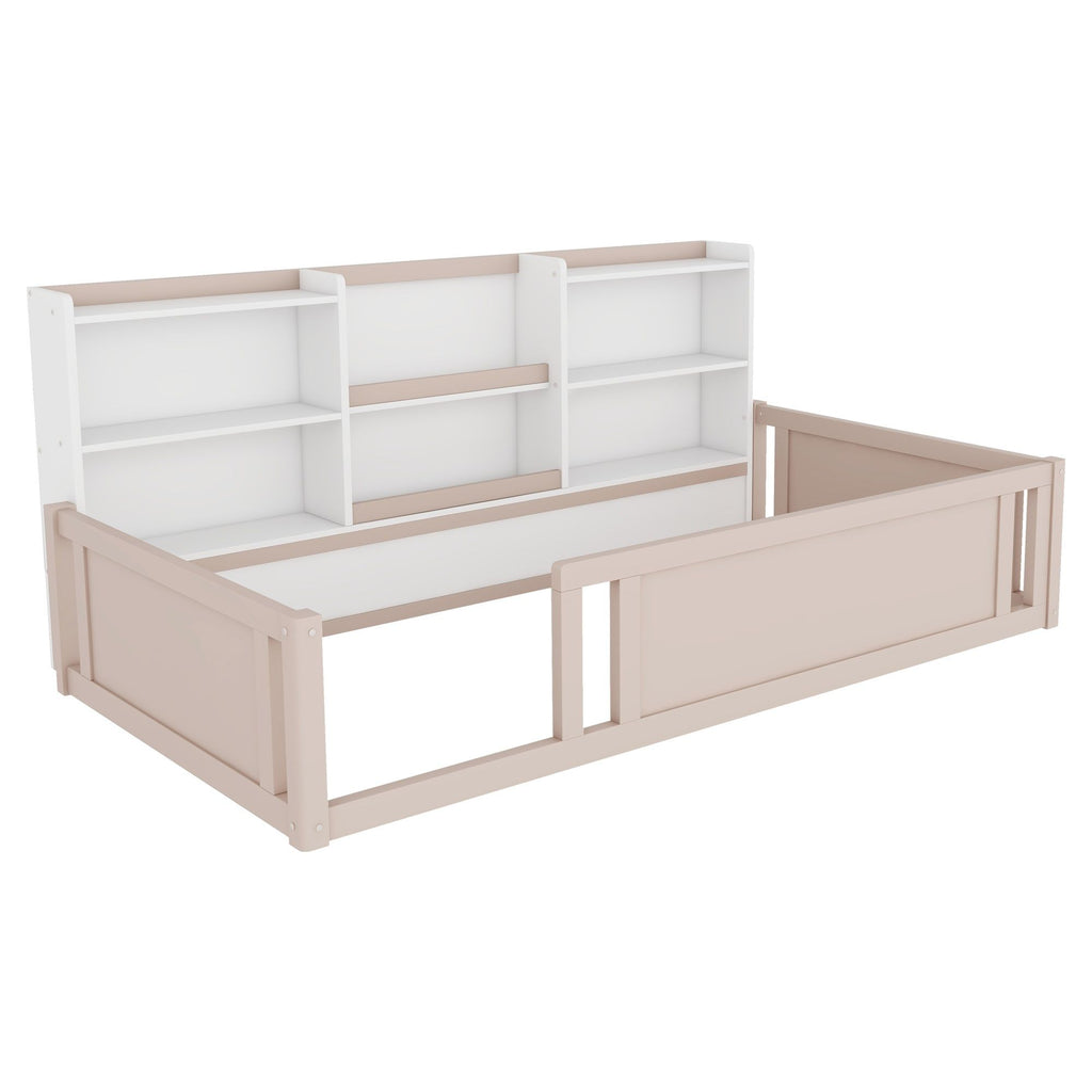 Platform Floor Bed With Guardrail Fence And Side Storage Shelves